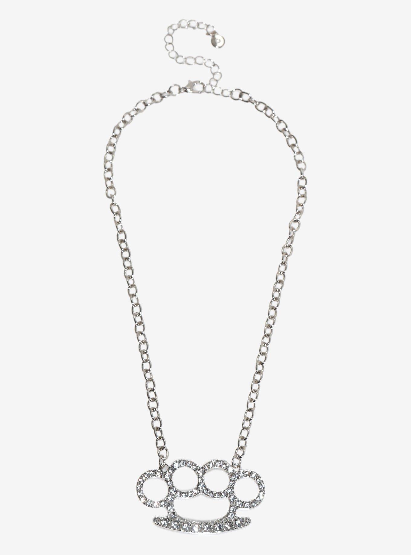 Rhinestone Brass Knuckle Pendant Necklace, , hi-res