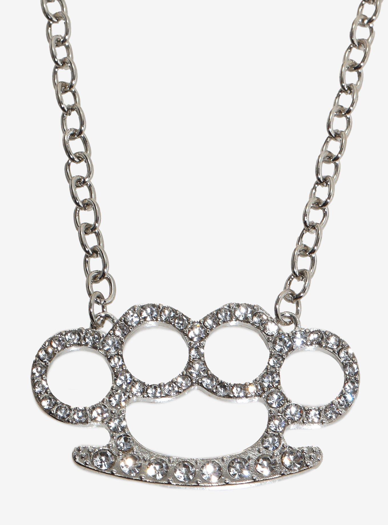 Rhinestone Brass Knuckle Pendant Necklace, , alternate