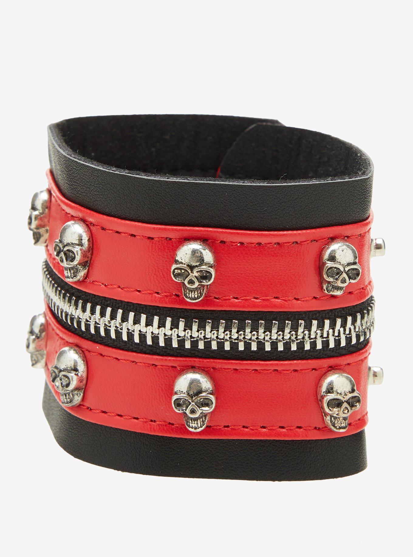 Black & Red Skull Zipper Cuff Bracelet, , hi-res