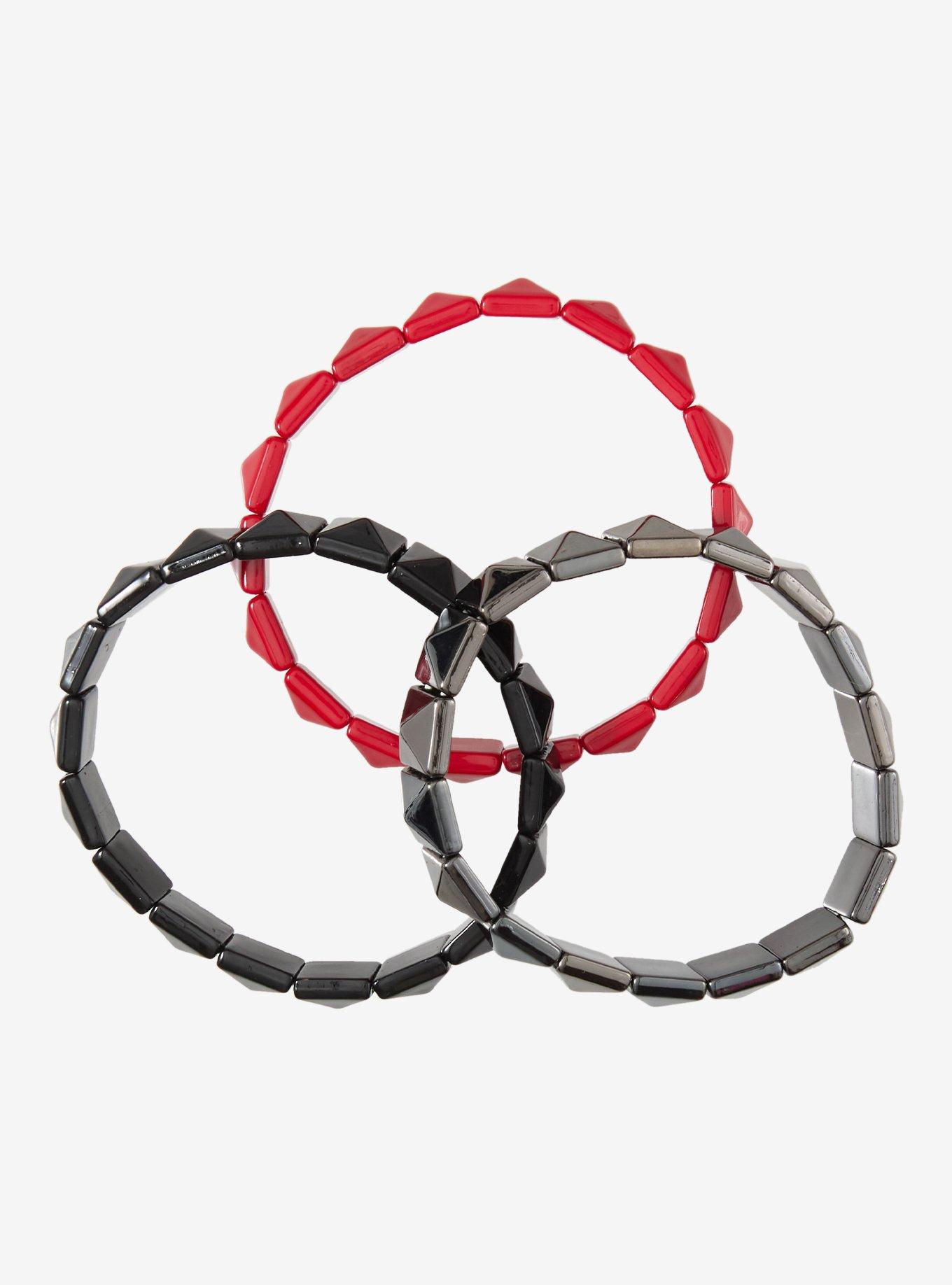 Black Red & Silver Pyramid Stud Bracelet Set, , alternate