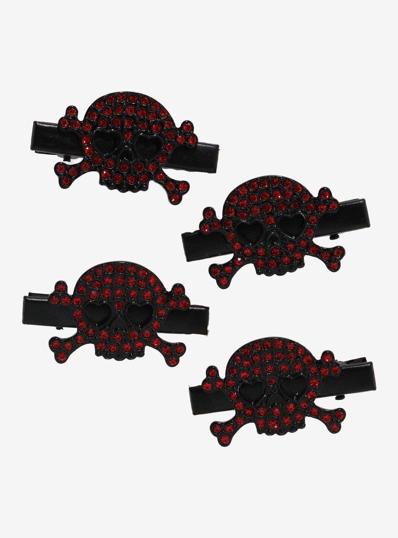 Red Rhinestone Skull Hair Clip Set, , hi-res