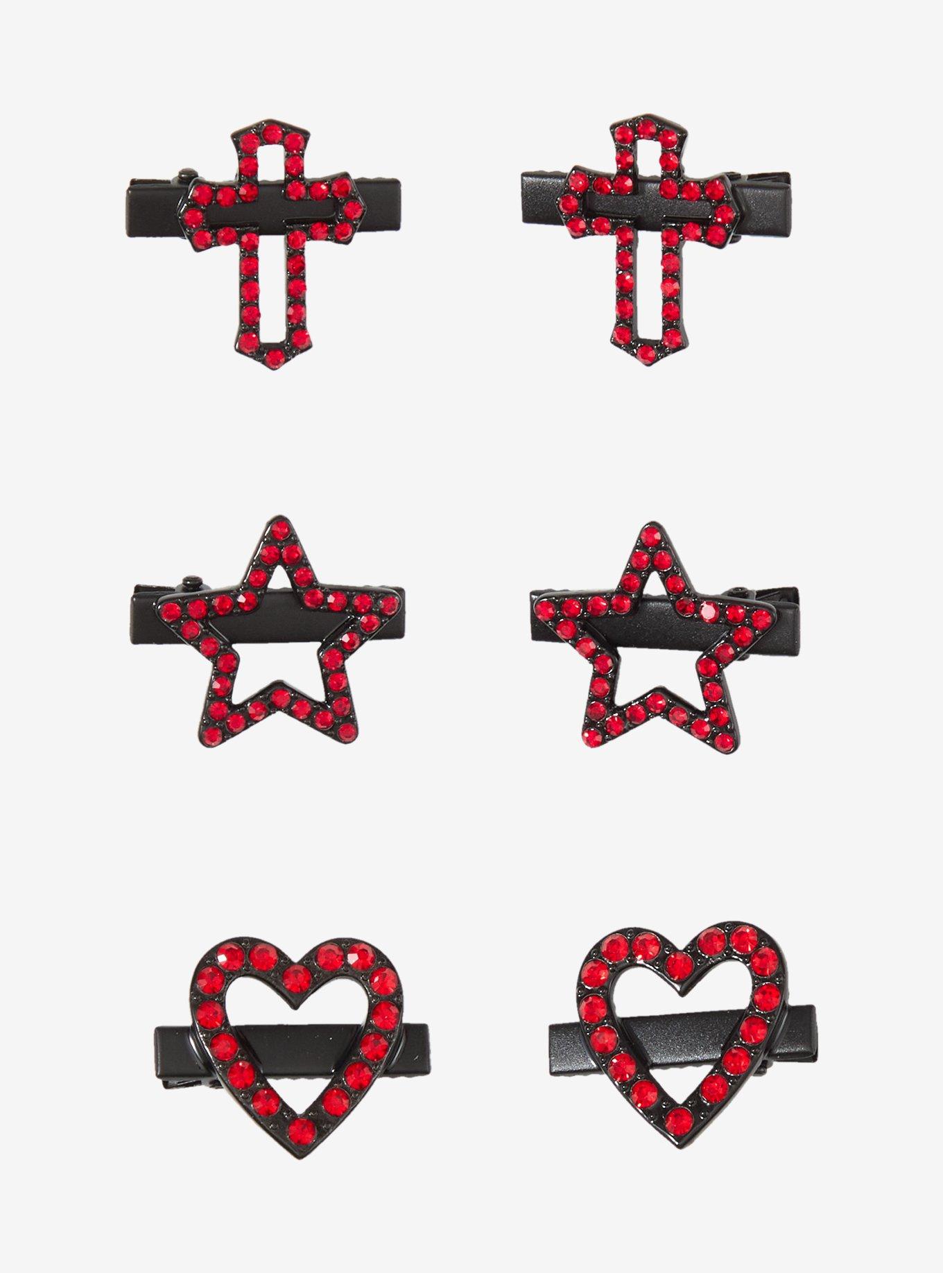 Black & Red Cross Star Heart Hair Clip Set, , hi-res