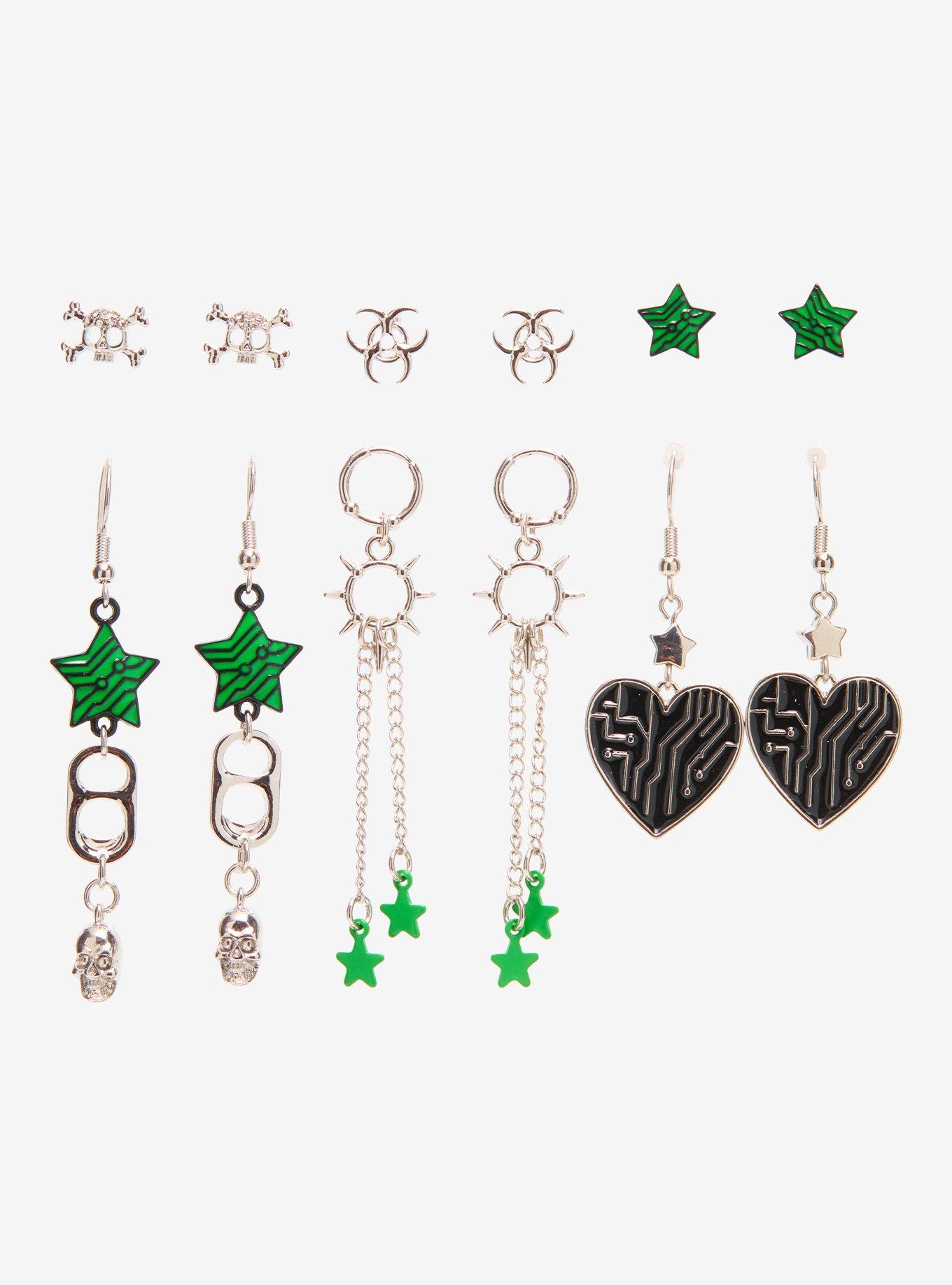 Black & Green Biohazard Star Heart Earring Set, , hi-res