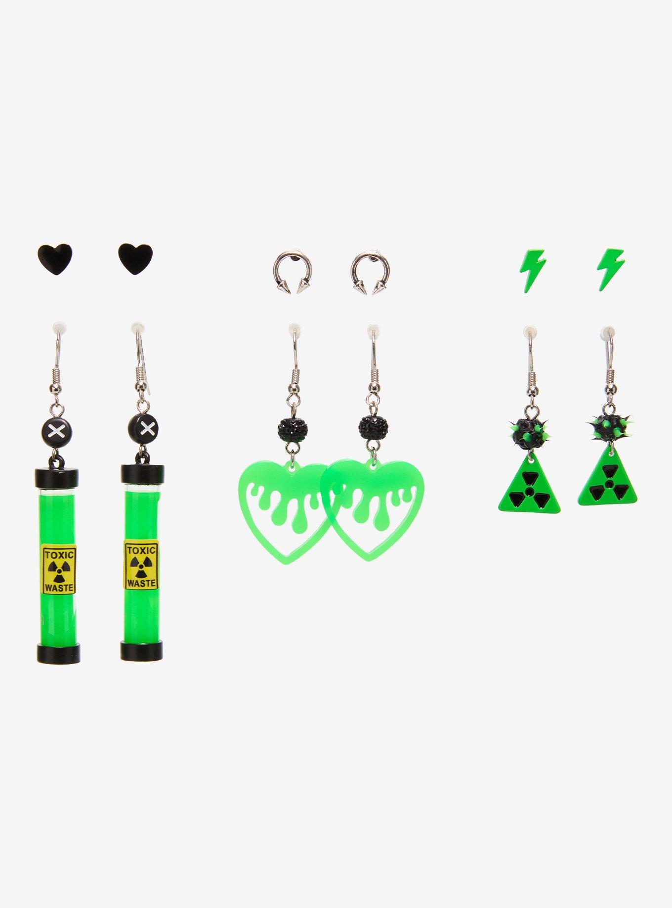 Black & Green Biohazard Glow-In-The-Dark Earring Set, , hi-res