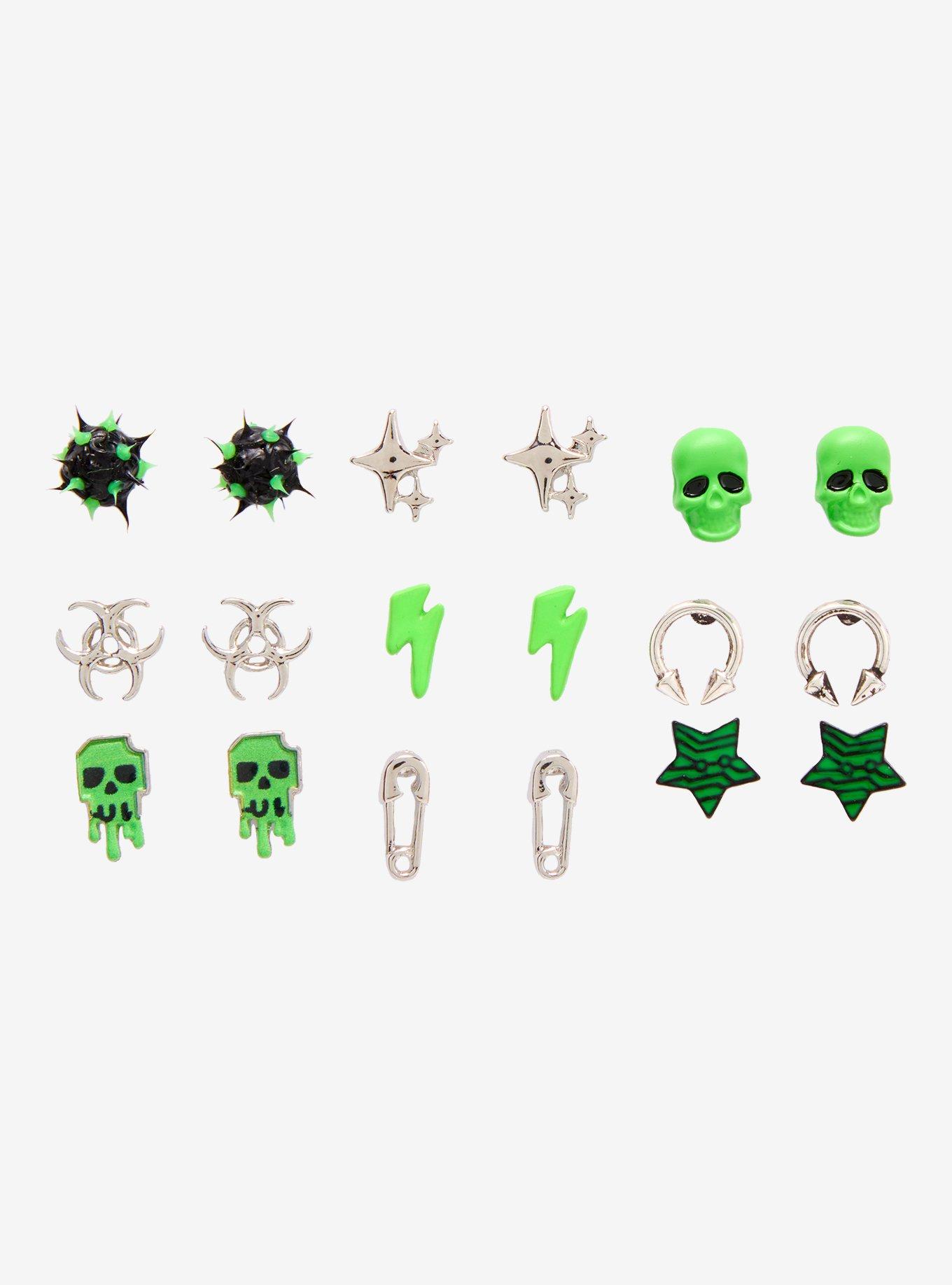 Black & Green Skull Star Spike Ball Stud Earring Set, , hi-res