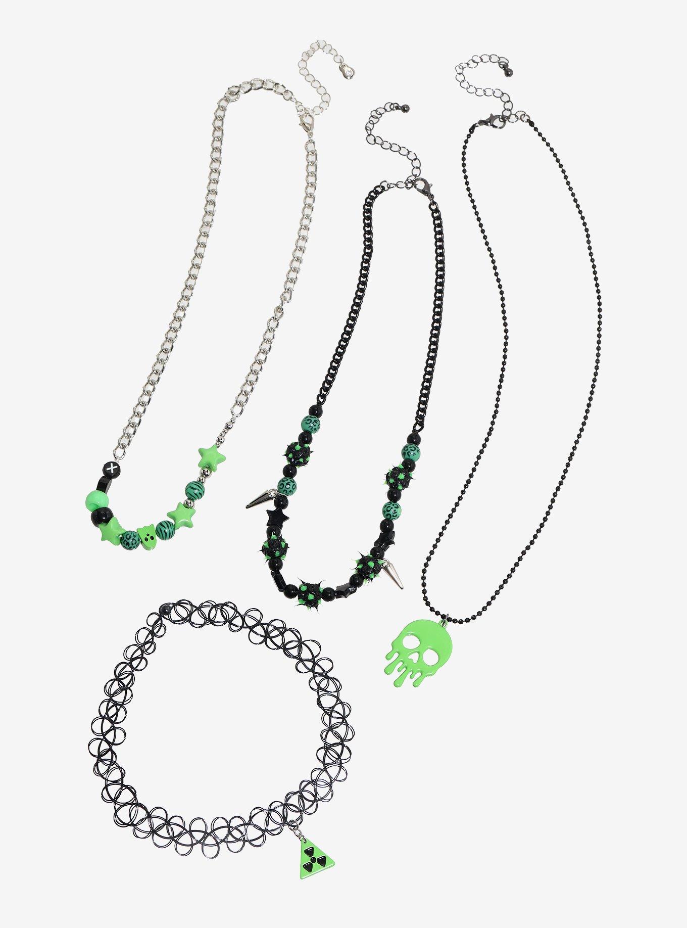Neon Green Skull Biohazard Necklace Set, , hi-res