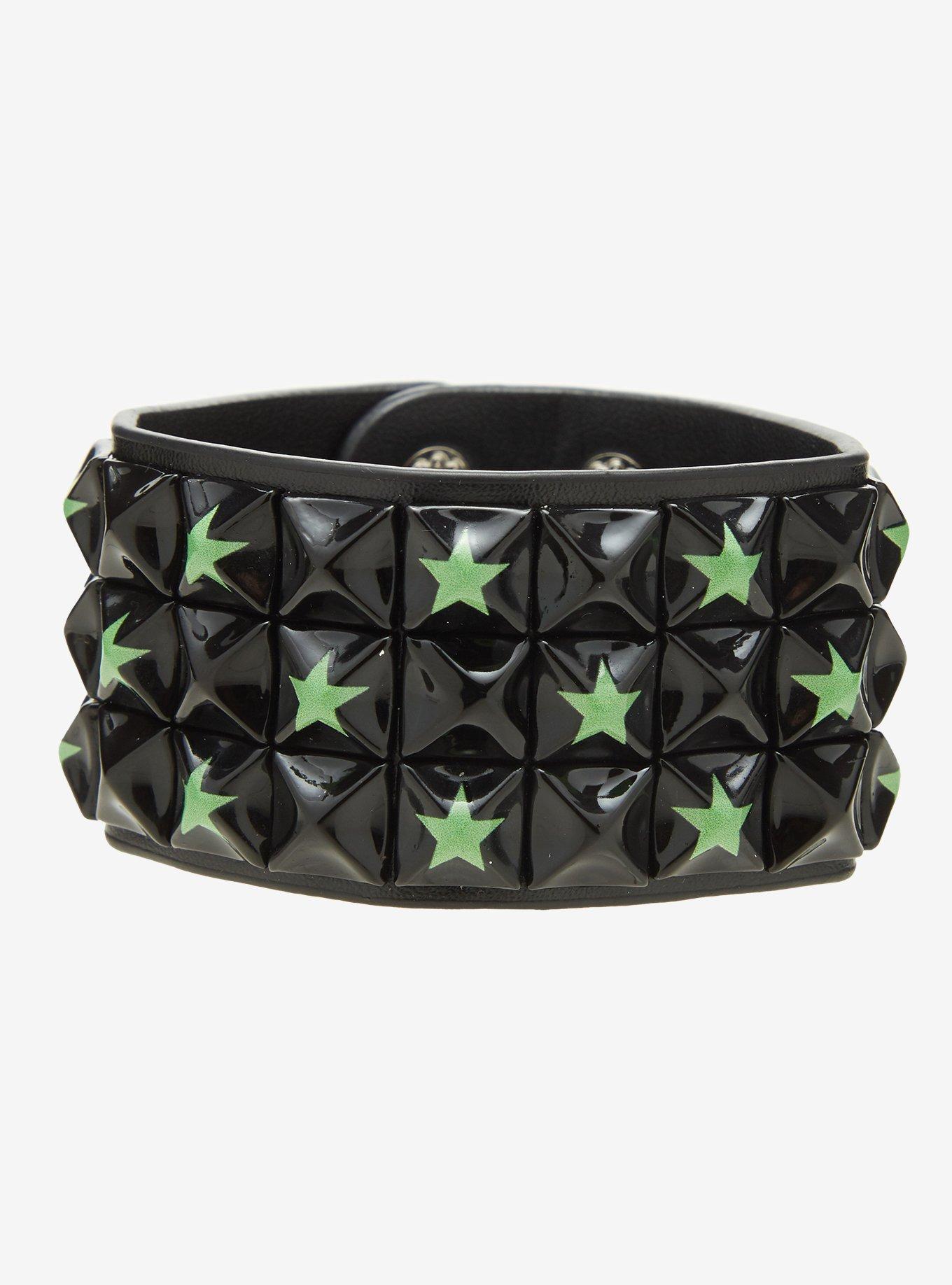 Black & Green Star Pyramid Stud Cuff Bracelet, , hi-res