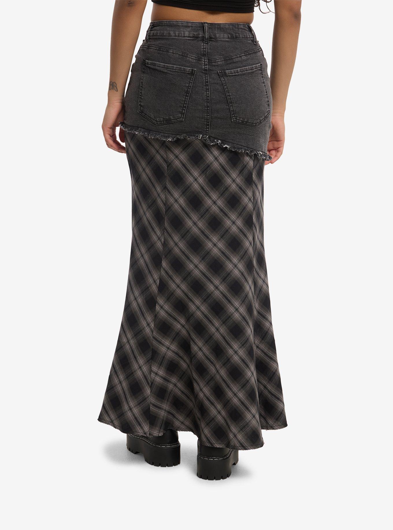 Social Collision Split Plaid Denim Maxi Skirt, , hi-res