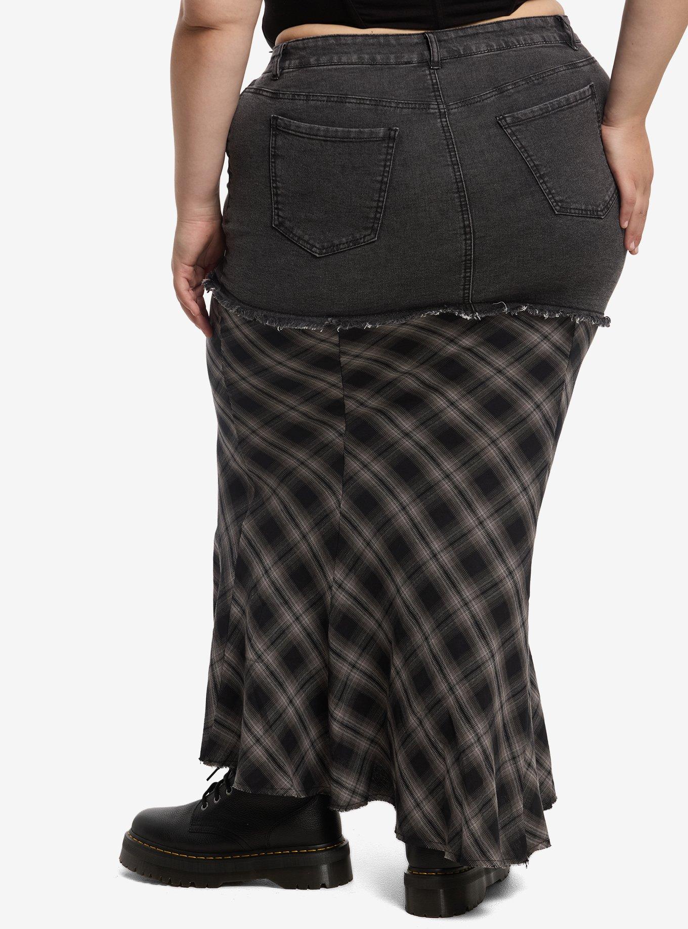 Social Collision Split Plaid Denim Maxi Skirt Plus Size, , hi-res