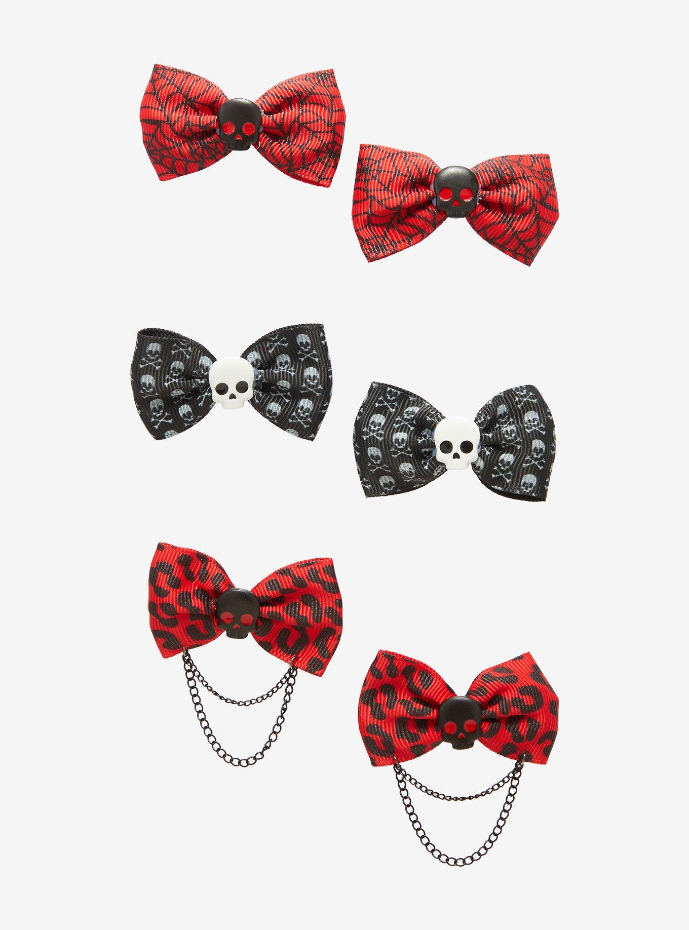 Emo Print Skull Bows Hair Clip Set, , hi-res