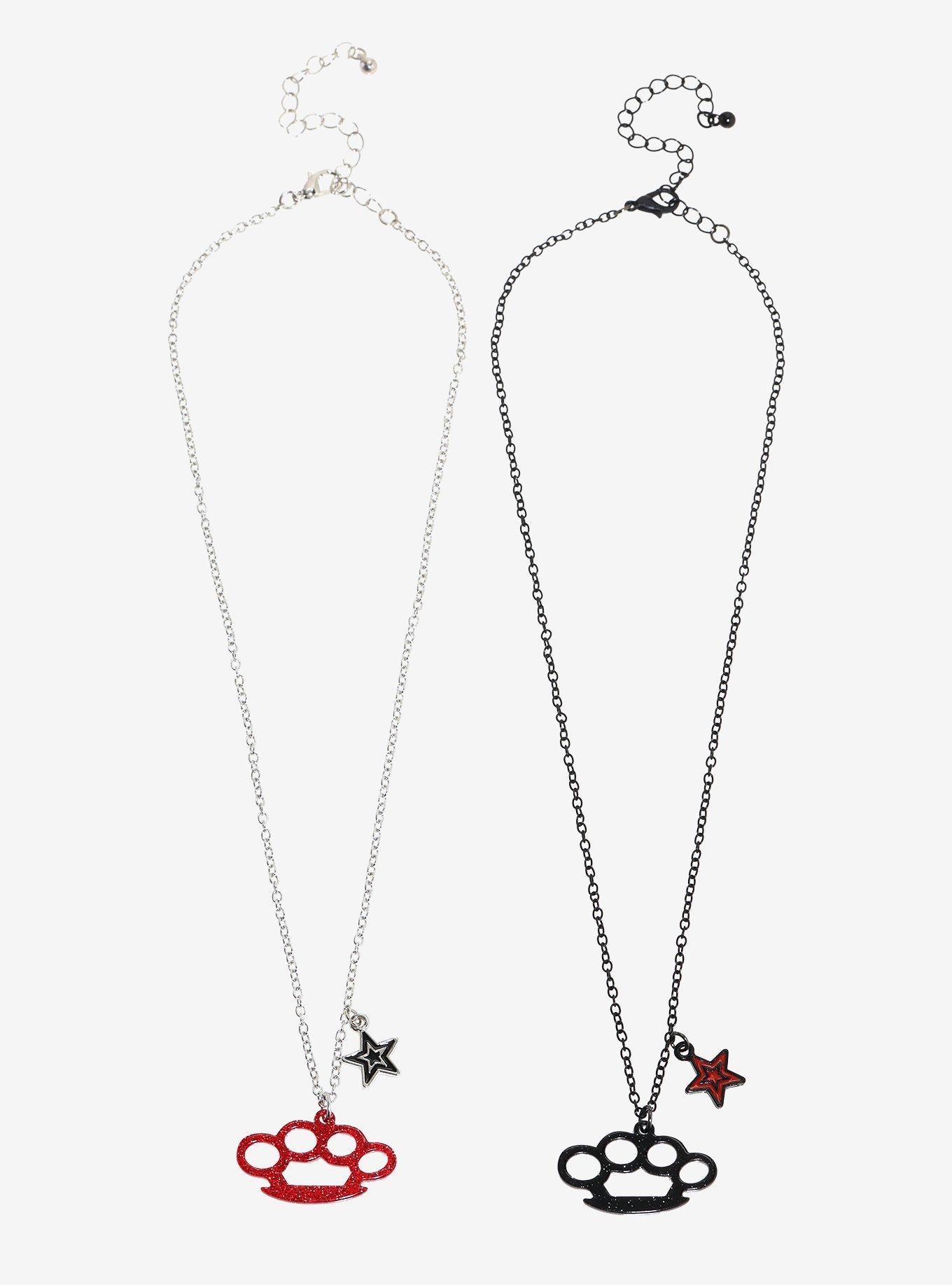 Red & Black Bling Brass Knuckles Best Friend Necklace Set, , hi-res