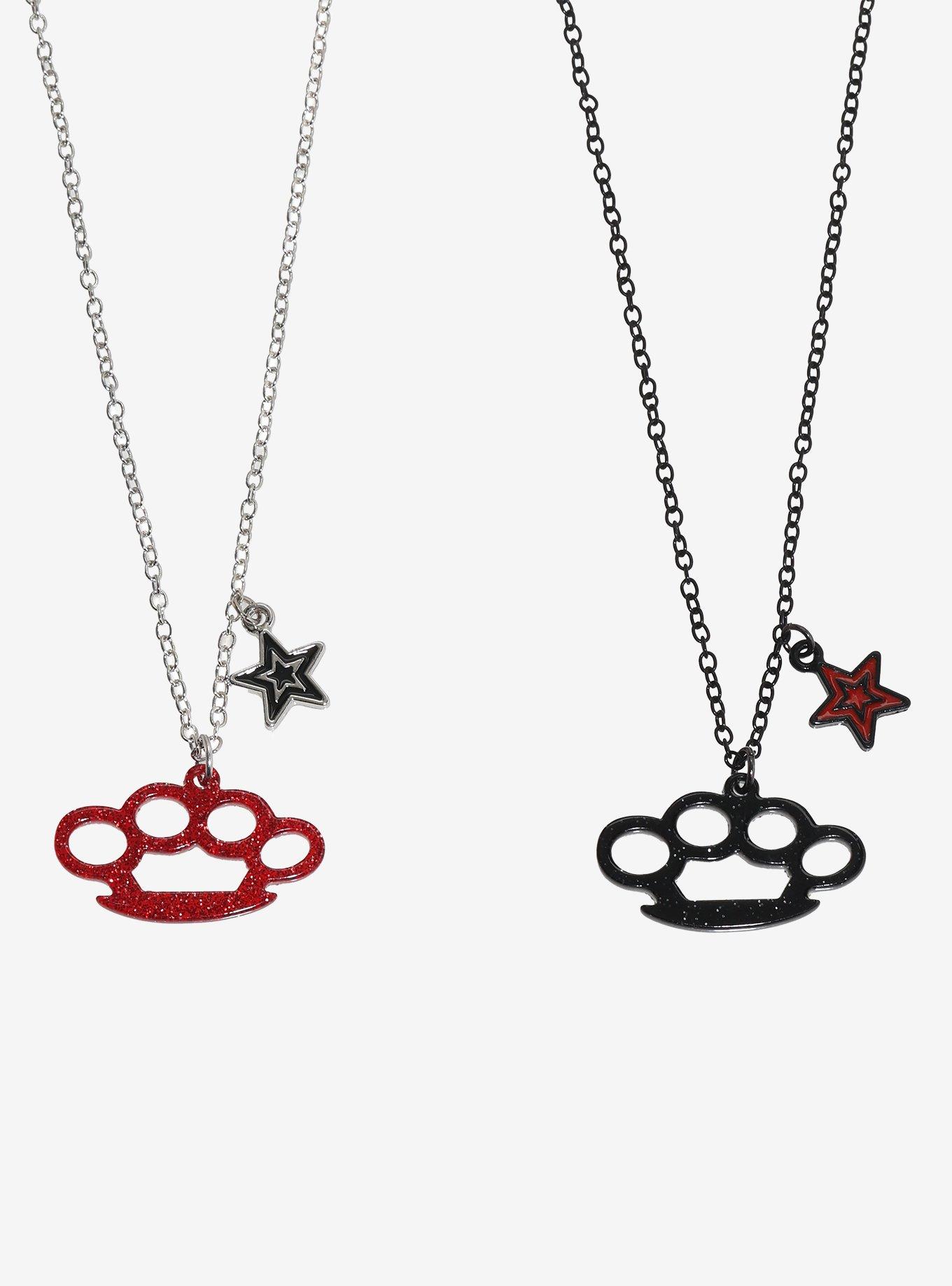 Red & Black Bling Brass Knuckles Best Friend Necklace Set, , alternate
