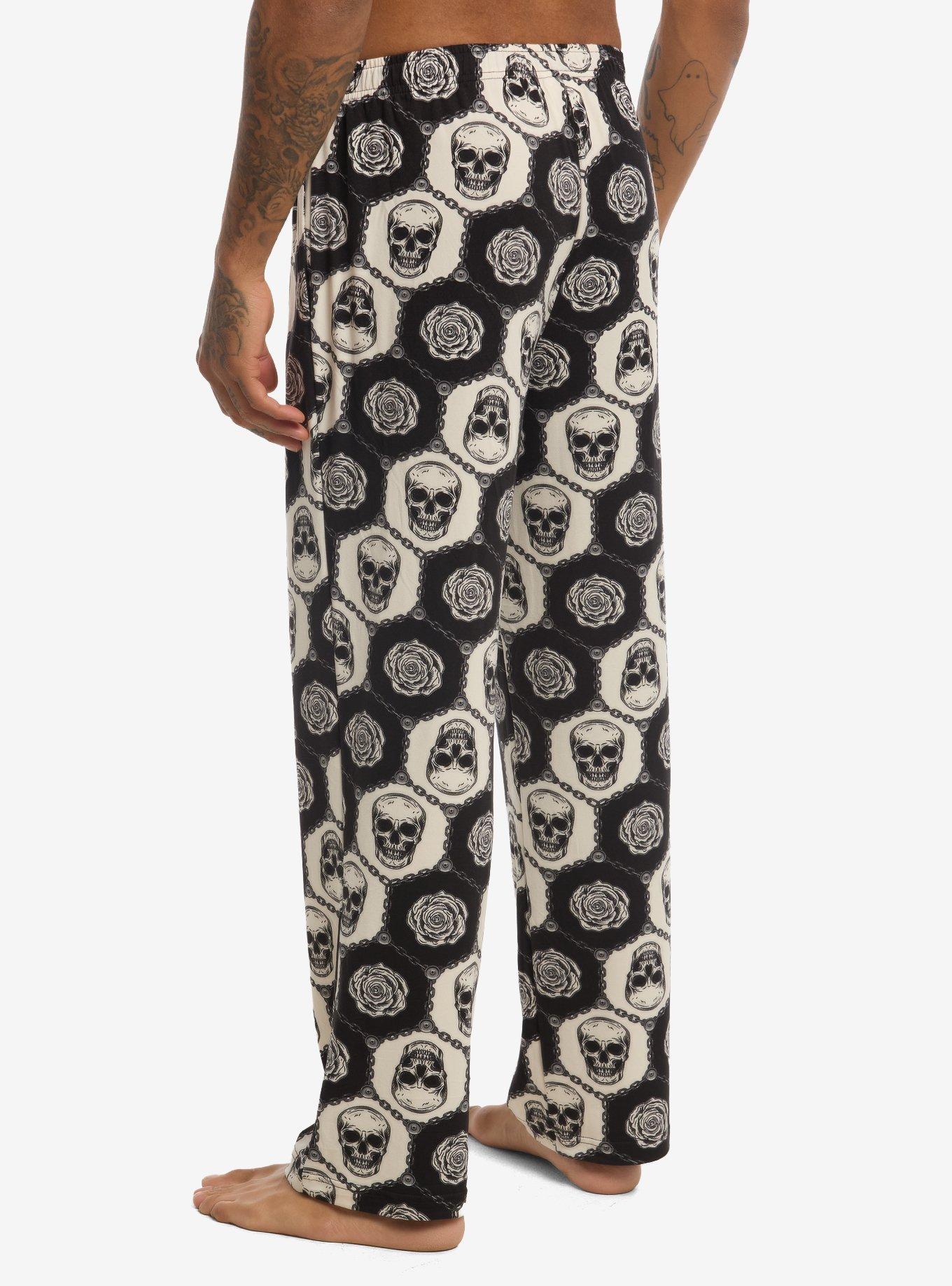 Black & White Skull & Roses Pajama Pants, , hi-res