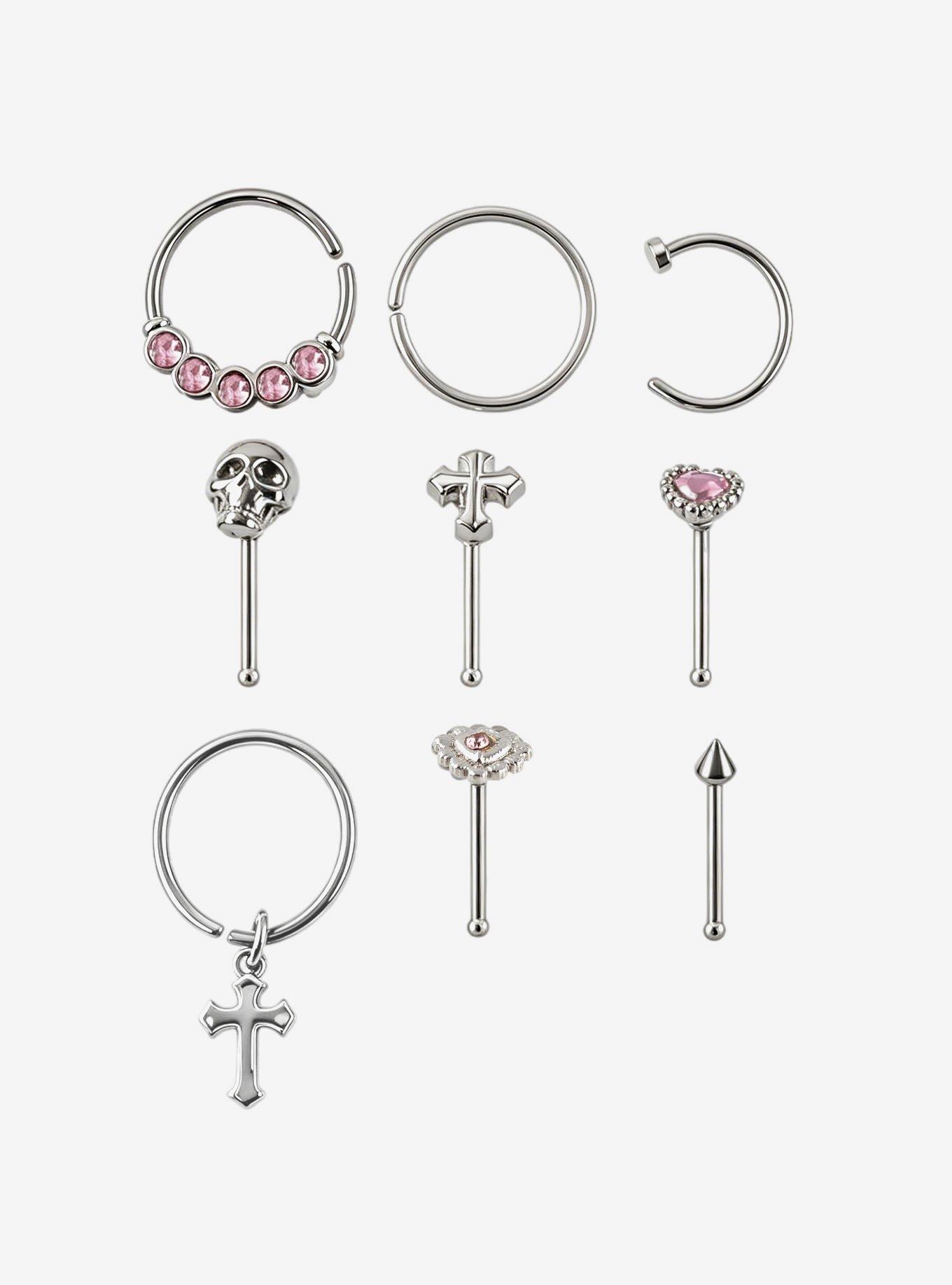 Steel Pink Cross Heart Nose Stud & Hoop 9 Pack, , hi-res