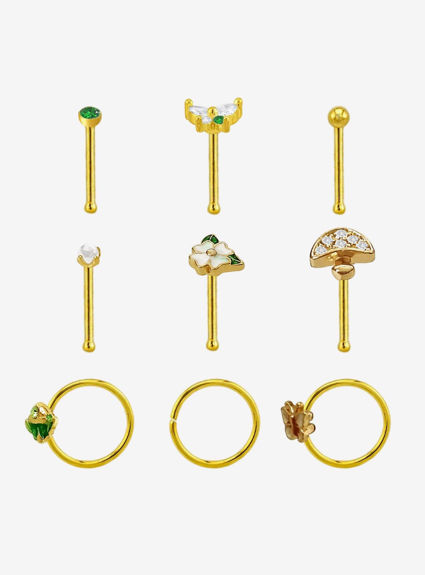 Steel Gold Flower Mushroom Nose Stud & Hoop 9 Pack, , hi-res