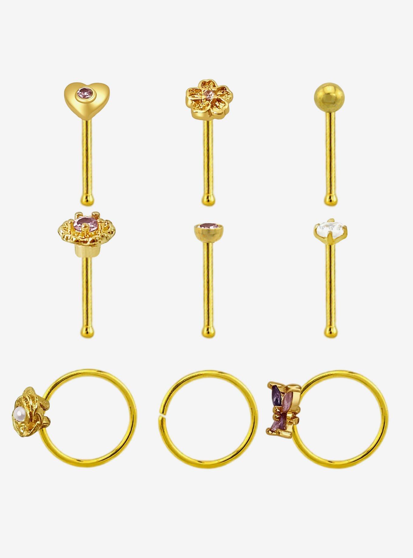 Steel Gold Flower Butterfly Nose Stud & Hoop 9 Pack, , hi-res