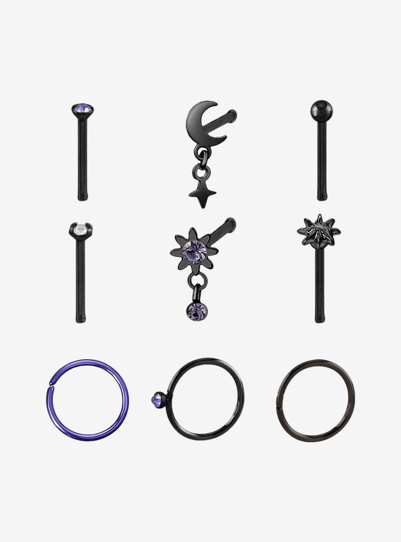 Steel Black Celestial Nose Stud & Hoop 9 Pack, , hi-res