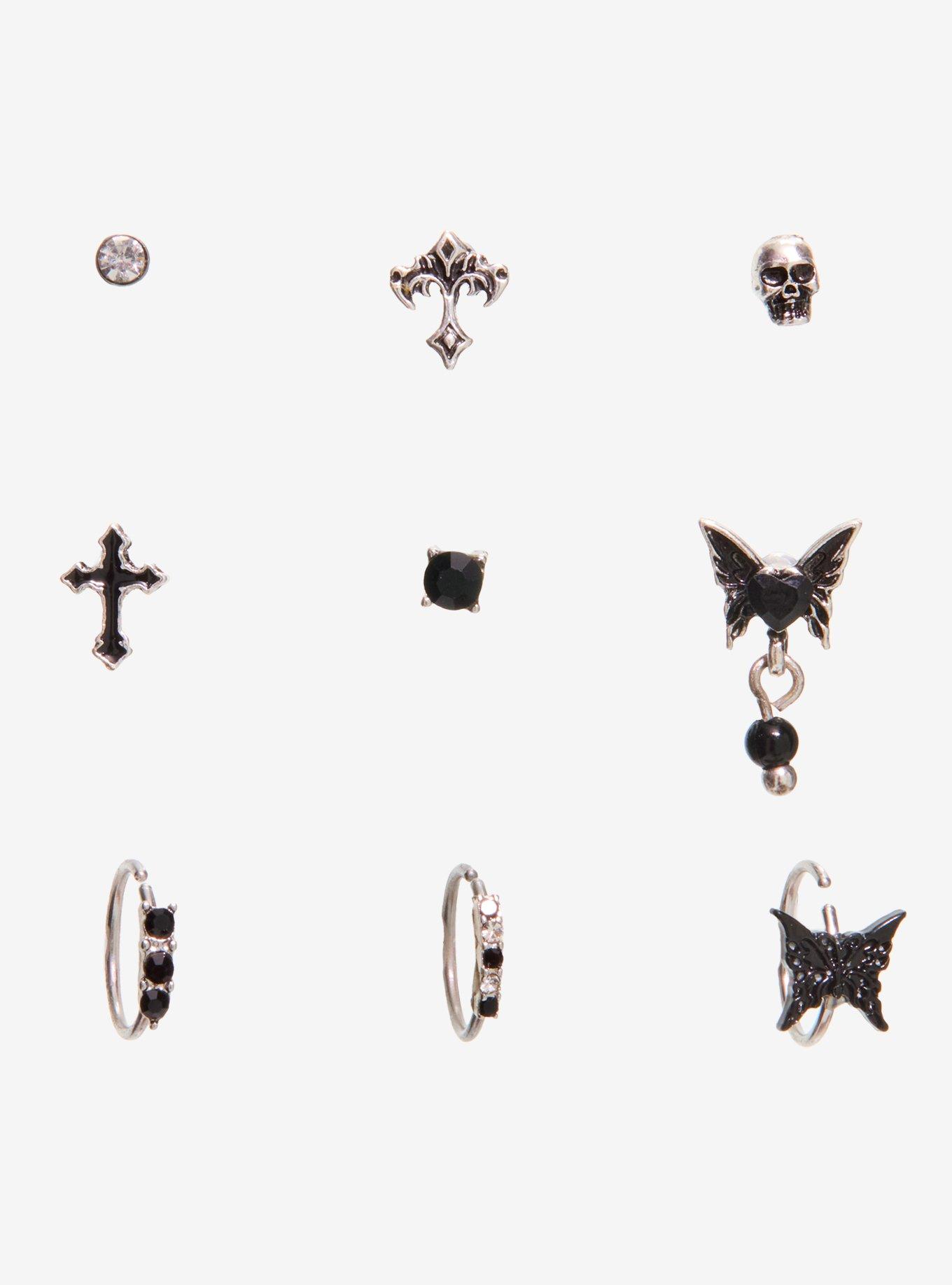 20G Steel Dark Butterfly Cross Nose Stud & Hoop 9 Pack, , hi-res