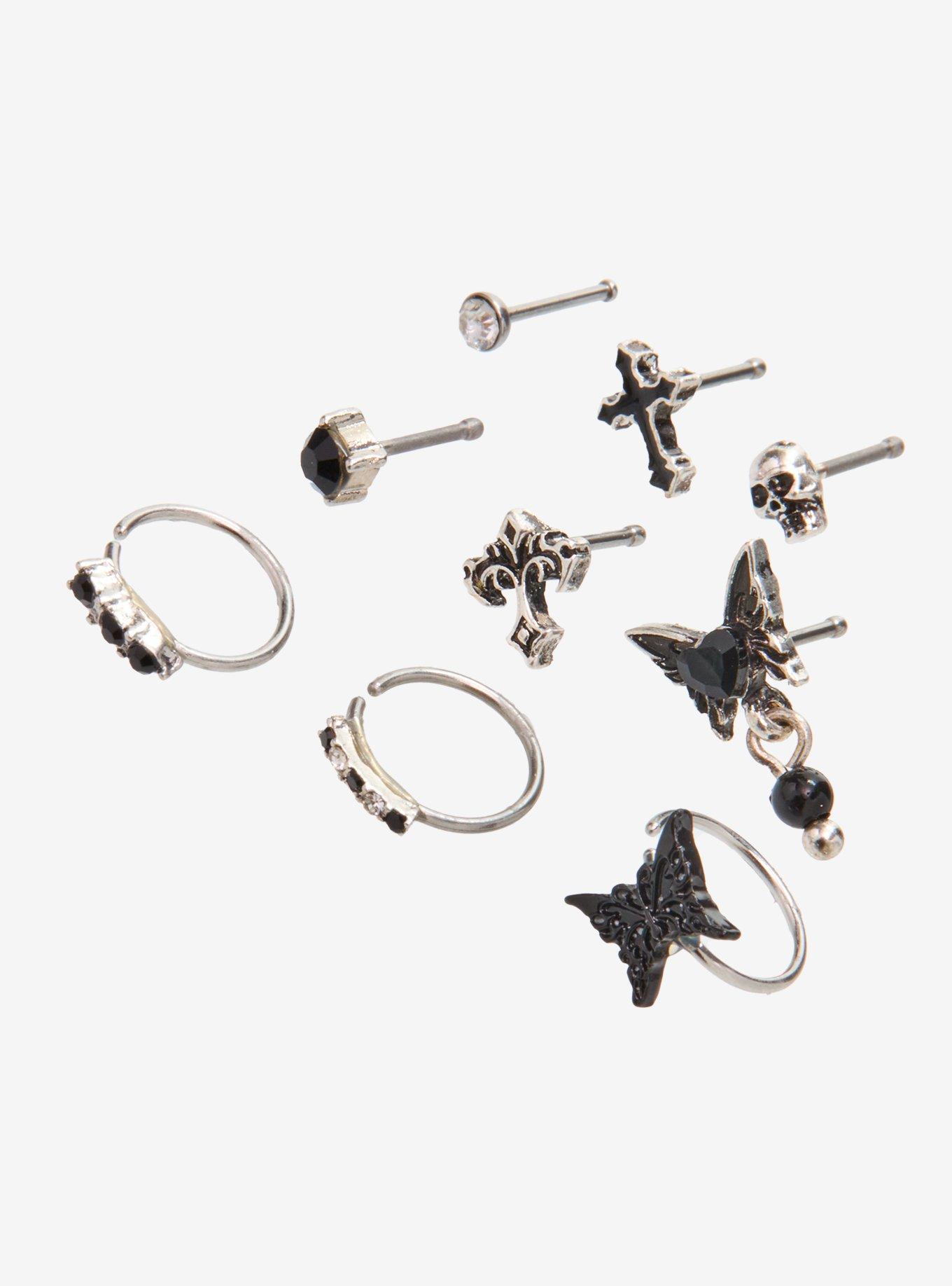 20G Steel Dark Butterfly Cross Nose Stud & Hoop 9 Pack, BLACK, alternate