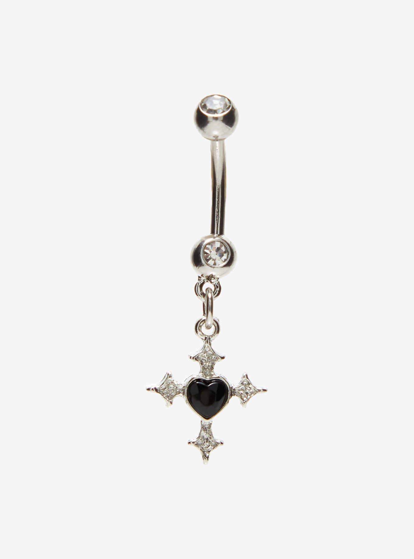 14G Steel Cross Heart Navel Barbell, , hi-res