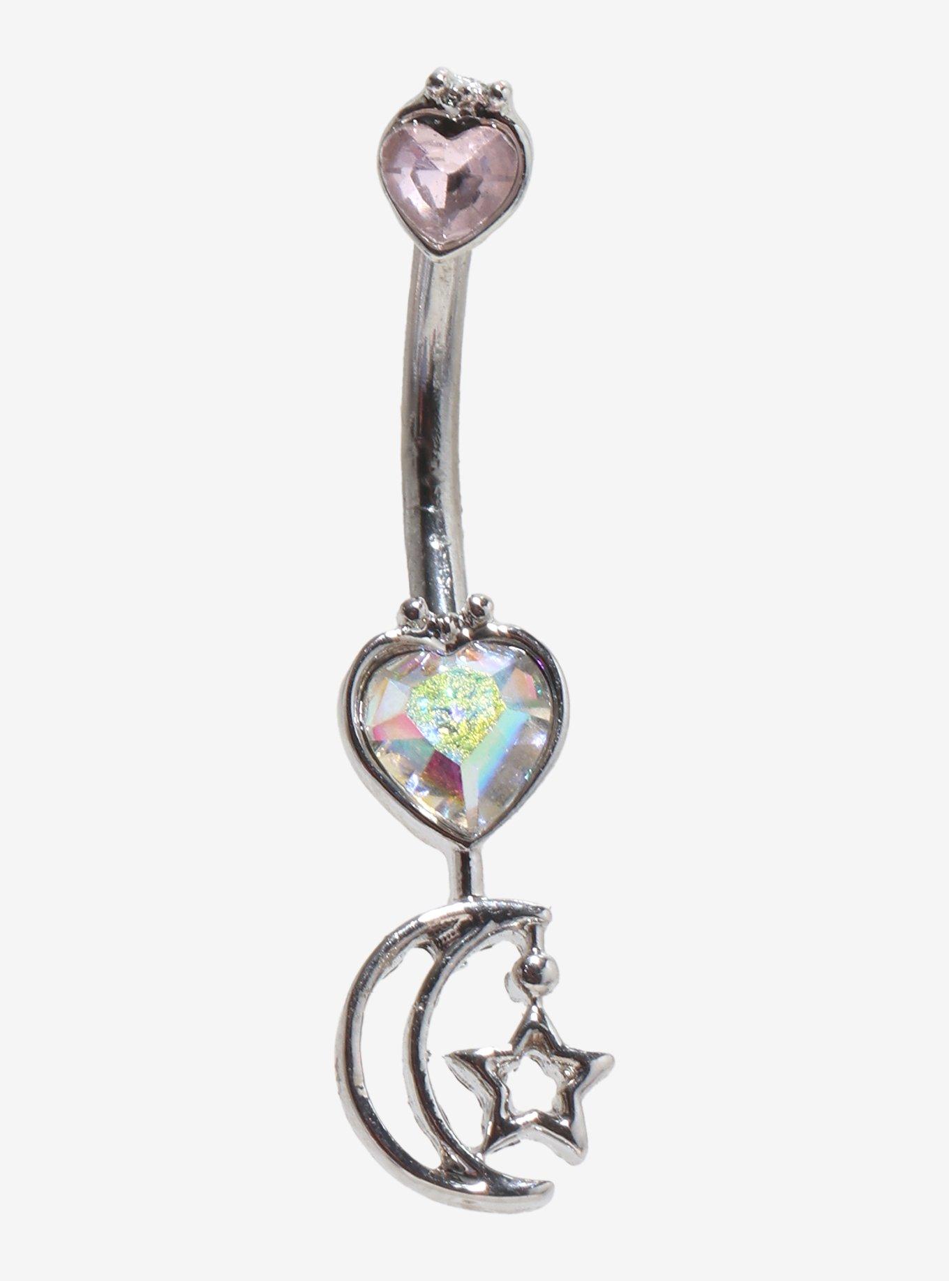 14G Steel Silver Heart Crescent Moon Navel Barbell, , hi-res