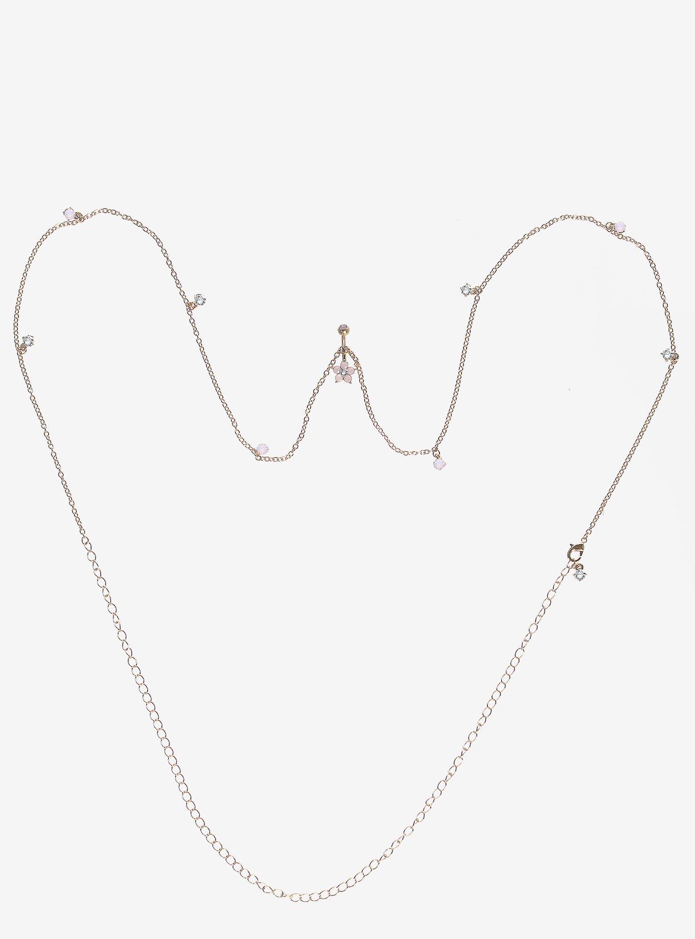 Steel Pink Flower Navel Barbell & Belly Chain, , hi-res