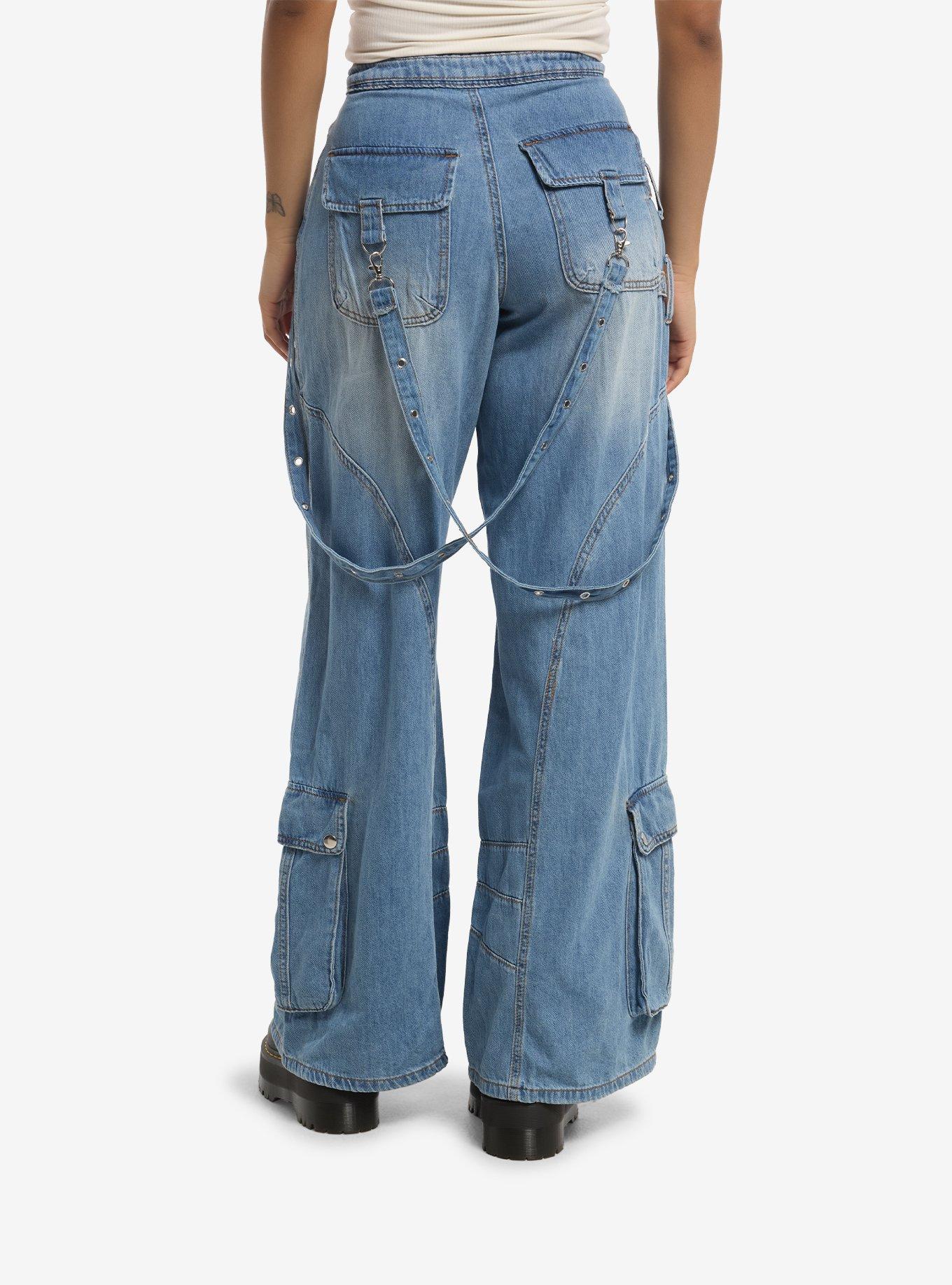 Social Collision Strappy Suspender Wide Leg Cargo Jeans, , hi-res