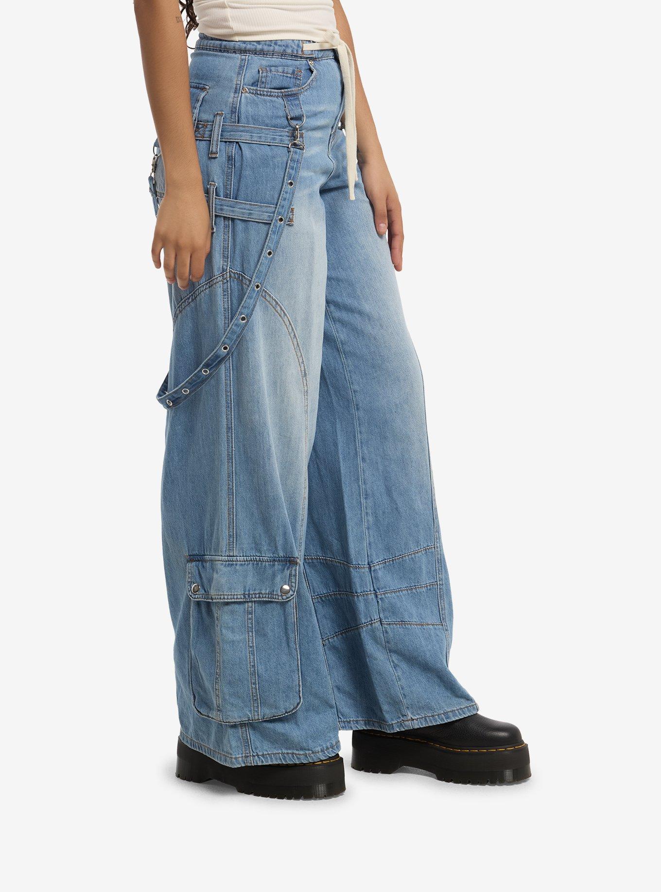 Social Collision Strappy Suspender Wide Leg Cargo Jeans, MULTI, alternate - view 3