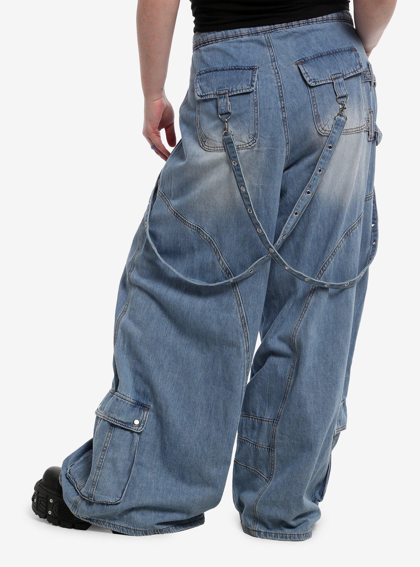 Social Collision Strappy Suspender Wide Leg Cargo Jeans Plus Size, , hi-res