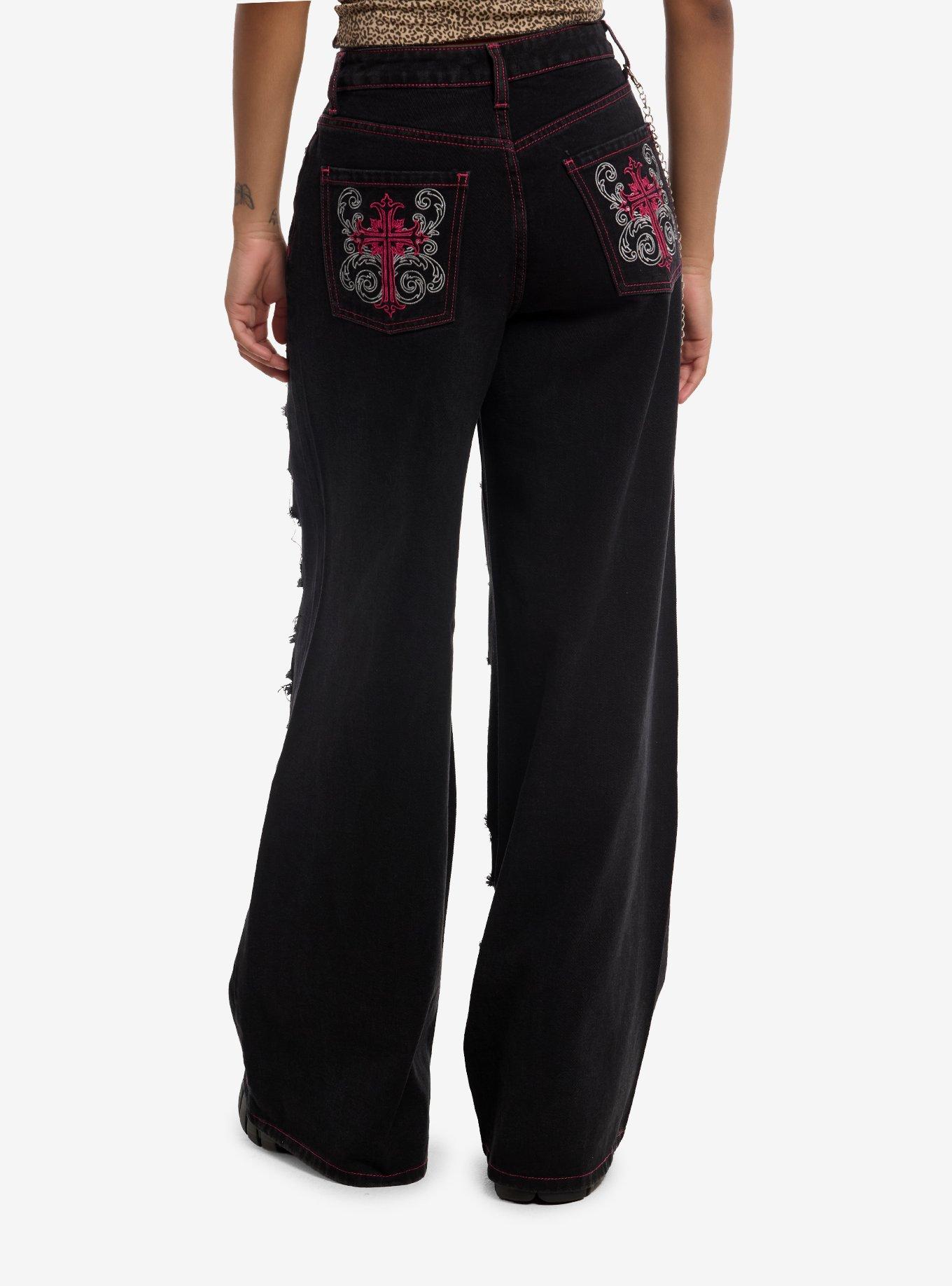 Social Collision Black & Magenta Fishnet Distressed Jeans With Side Chain, , hi-res