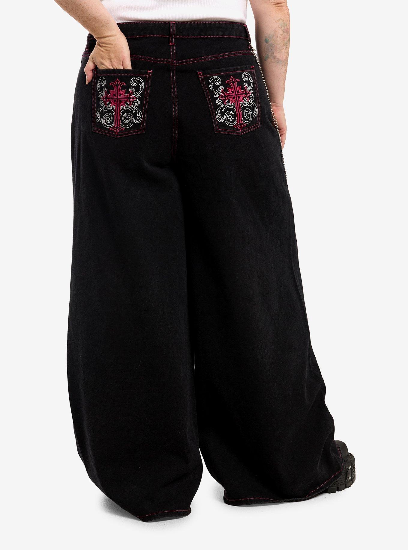 Social Collision Black & Magenta Fishnet Distressed Jeans With Side Chain Plus Size, , hi-res