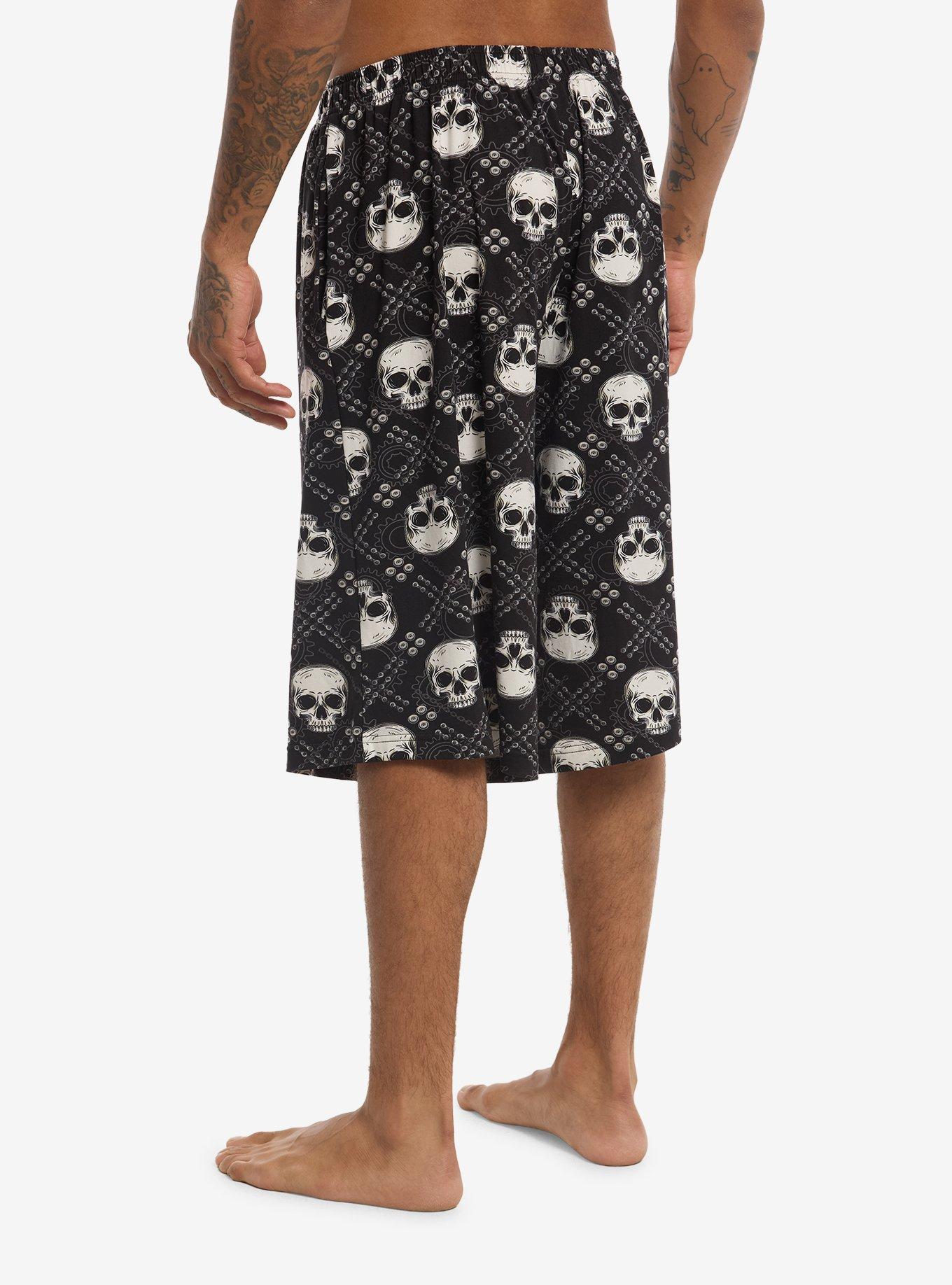 Black & Grey Skull Plaid Lounge Jorts, , hi-res
