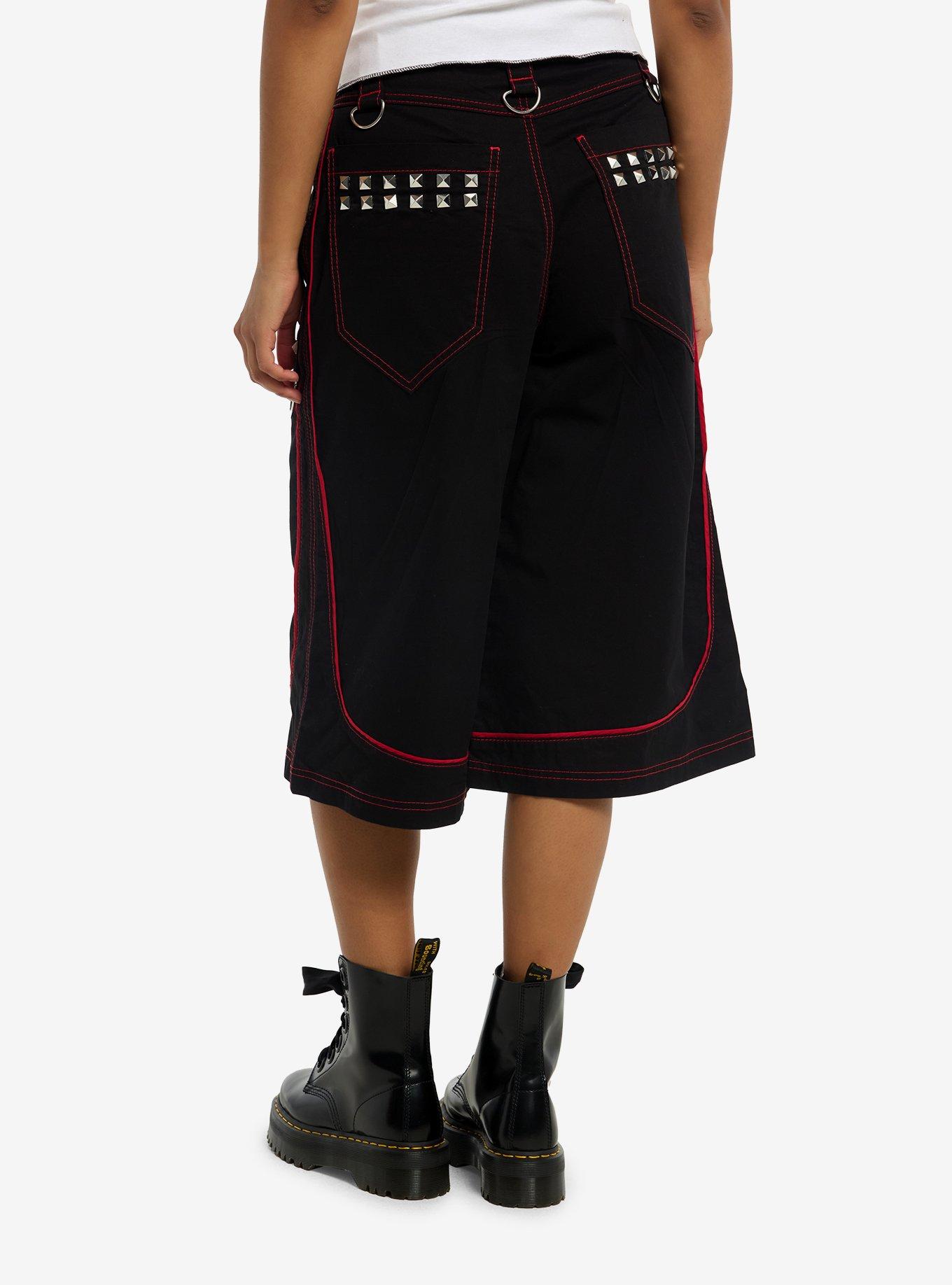 Social Collision Black & Red Stitch Hardware Wide Leg Jorts, , hi-res