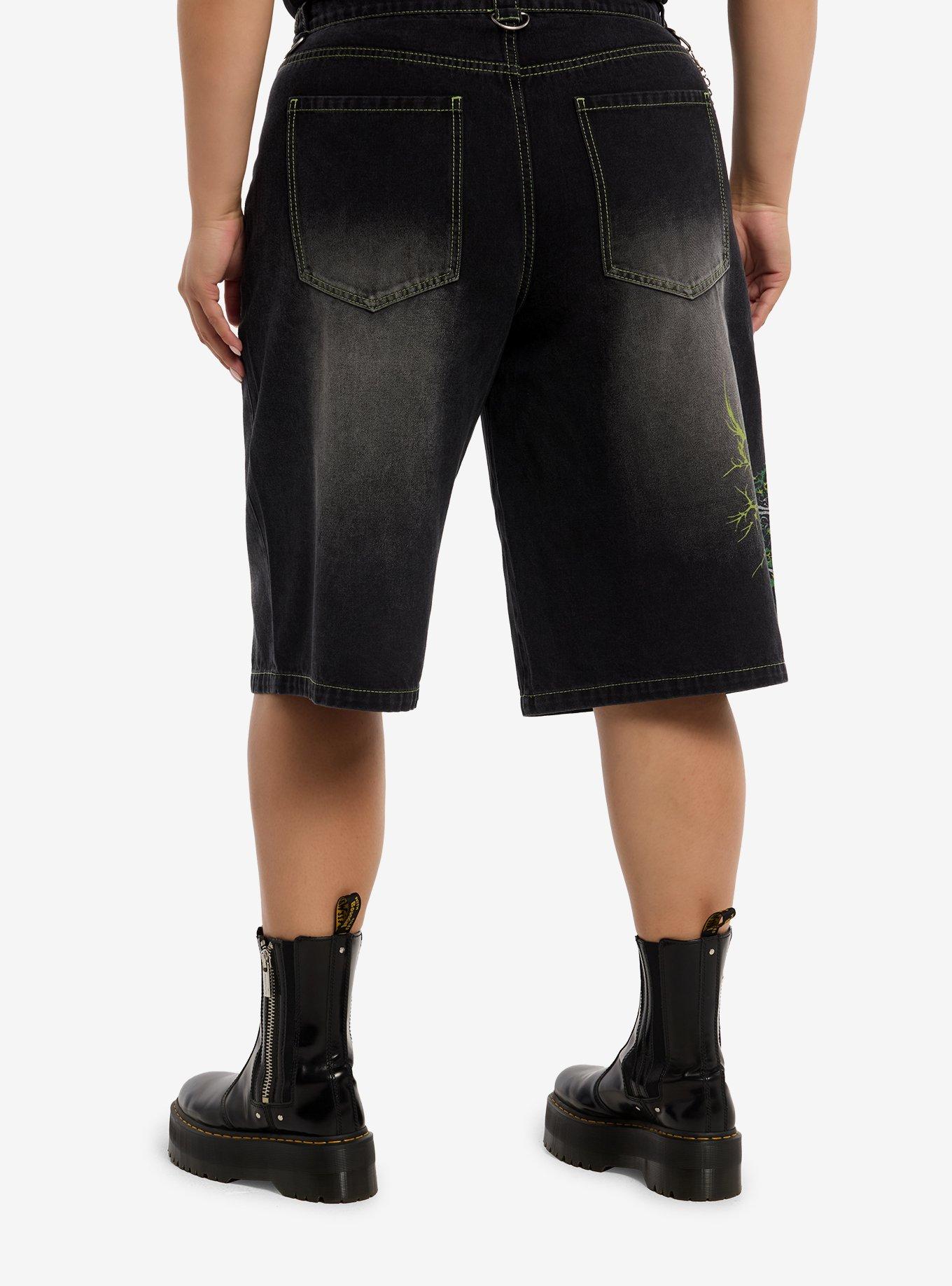 Social Collision Black & Red Stitch Hardware Wide Leg Jorts Plus Size, , hi-res