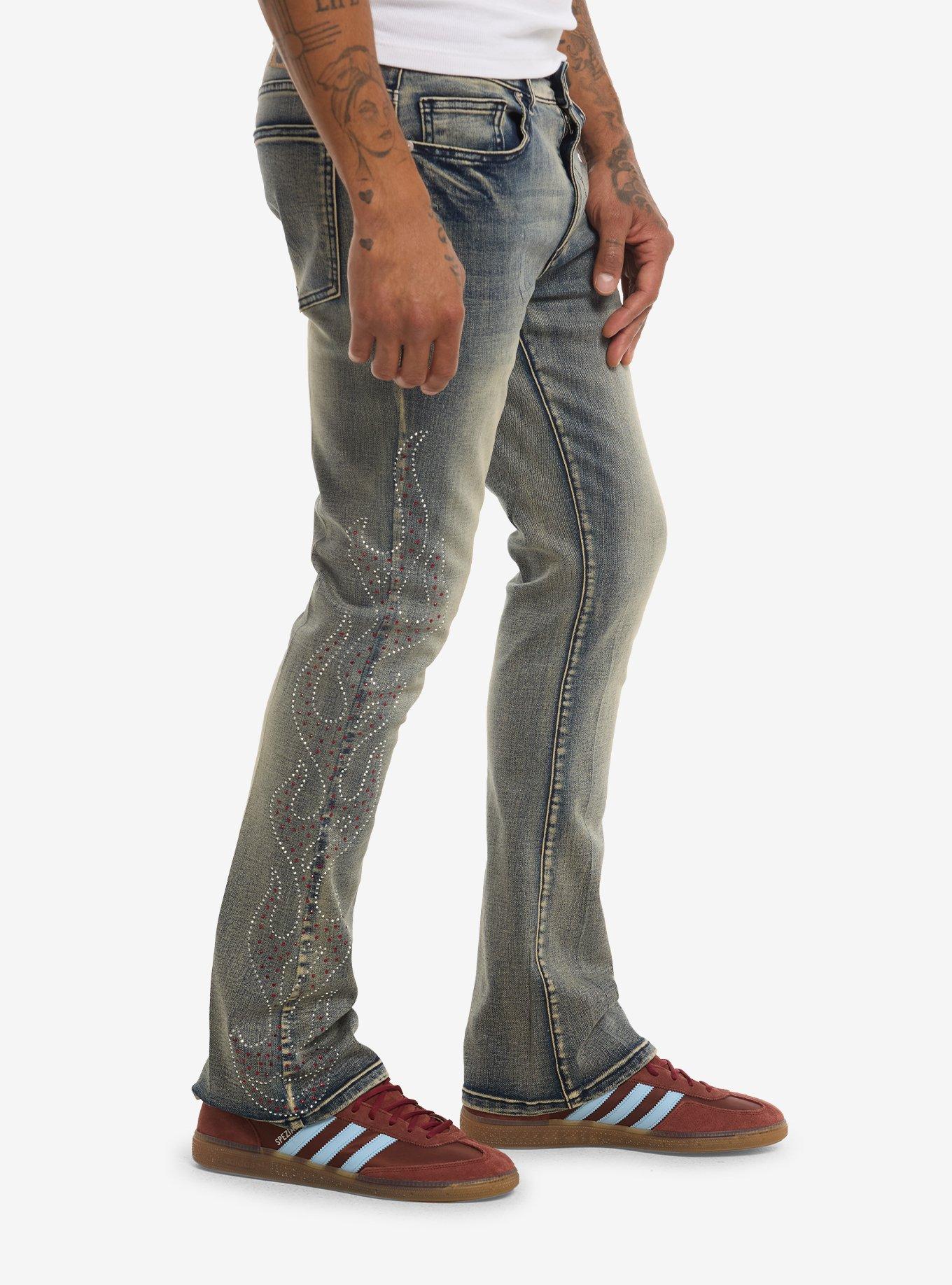 Rhinestone Flame Skinny Flared Jeans, BLUE, alternate - view 3