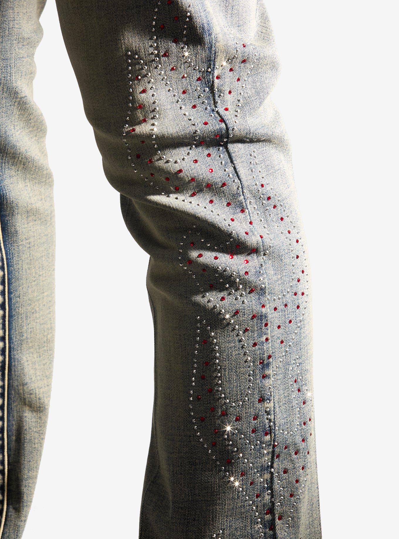 Rhinestone Flame Skinny Flared Jeans, BLUE, alternate - view 4