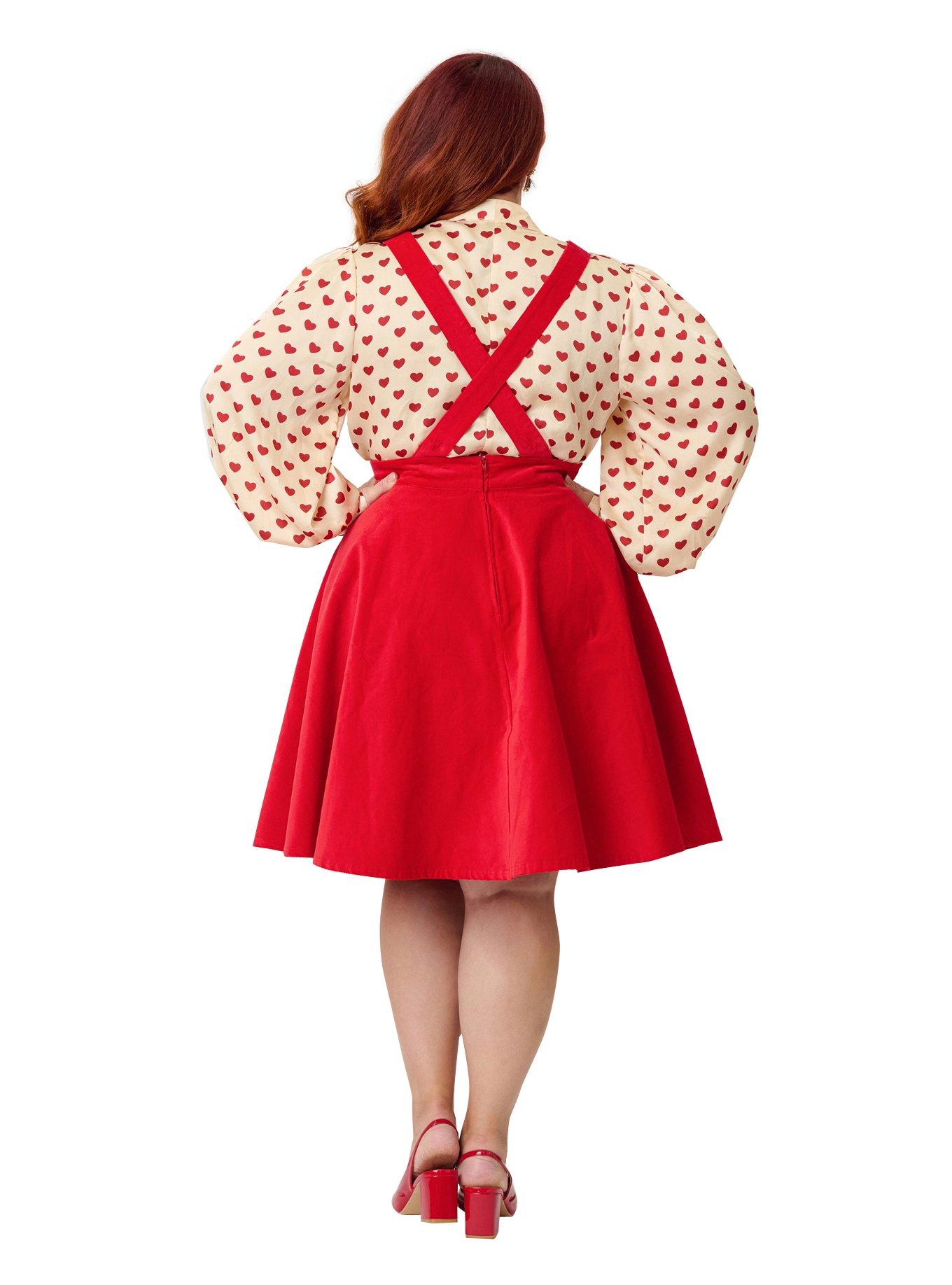 Unique Vintage Plus Size Red Heart Bib Pinafore Skirt, , hi-res