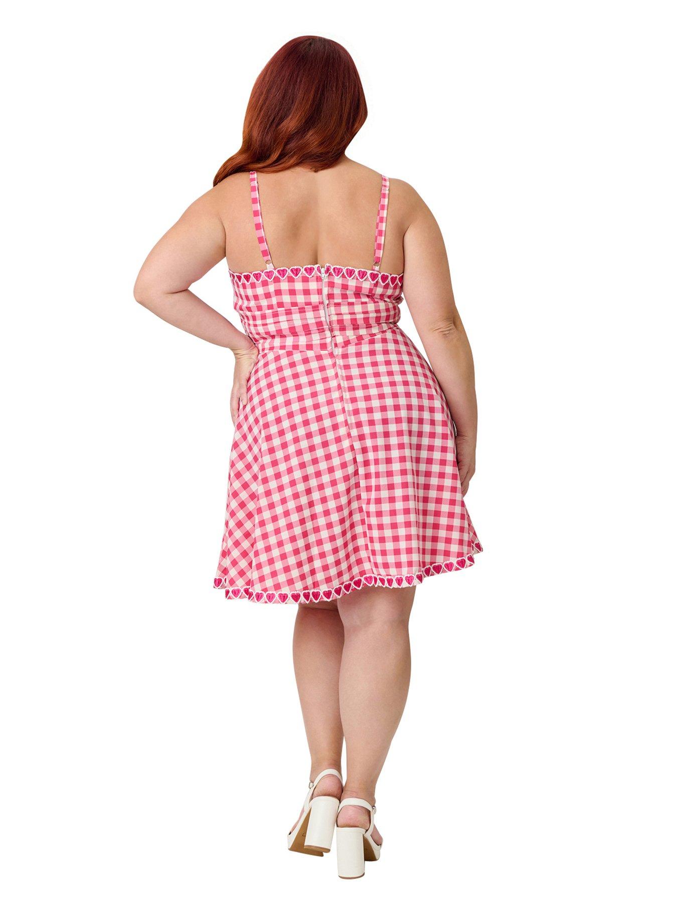 Unique Vintage Plus Size Hot Pink Gingham Follow Your Heart Flare Dress, , hi-res