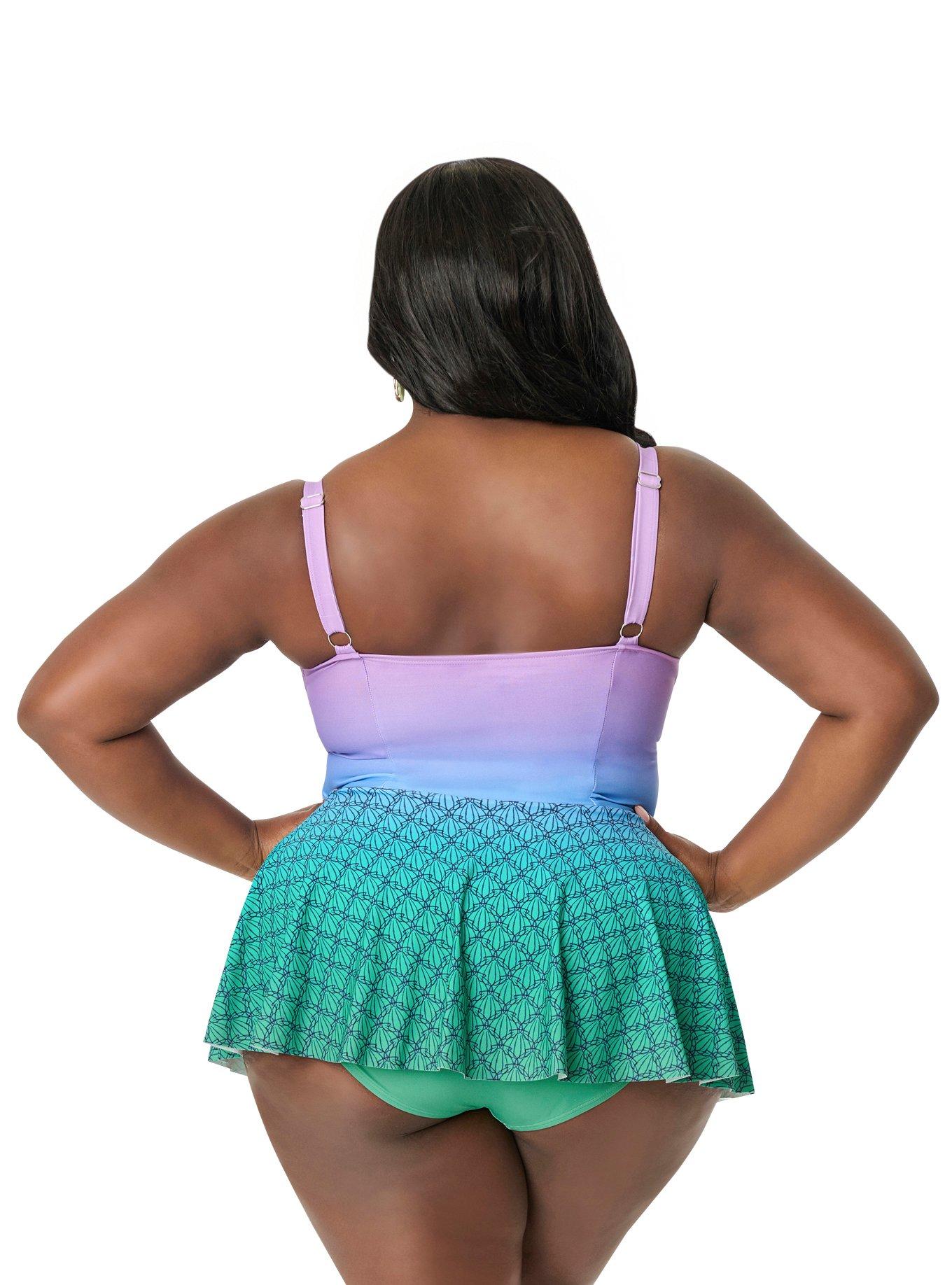 Disney Princess Collection by Unique Vintage Plus Size Mermaid Ombre Skirted One Piece Ariel Swimsuit, , hi-res