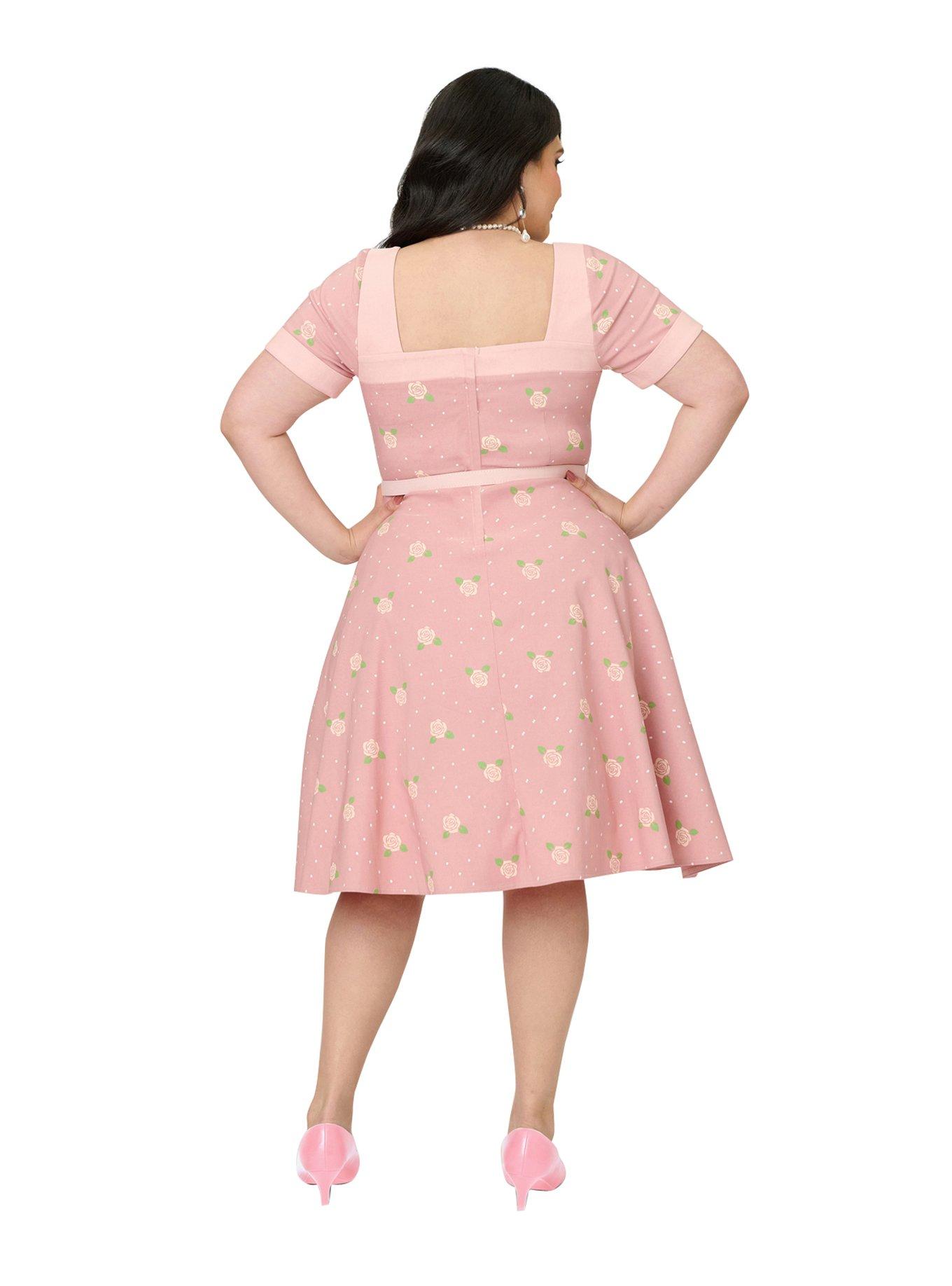 Unique Vintage Plus Size Light Pink & Roses Swing Dress, , hi-res