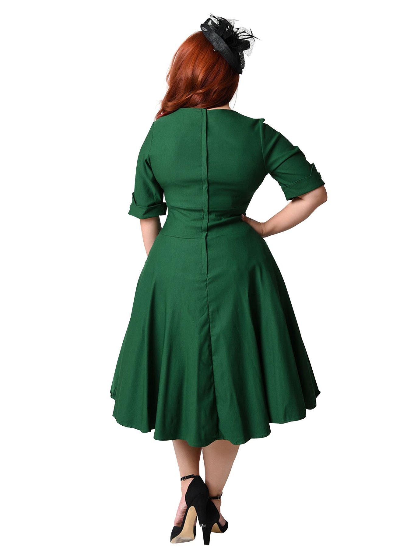 Unique Vintage Plus Size Emerald Green Delores Swing Dress with Sleeves, , hi-res