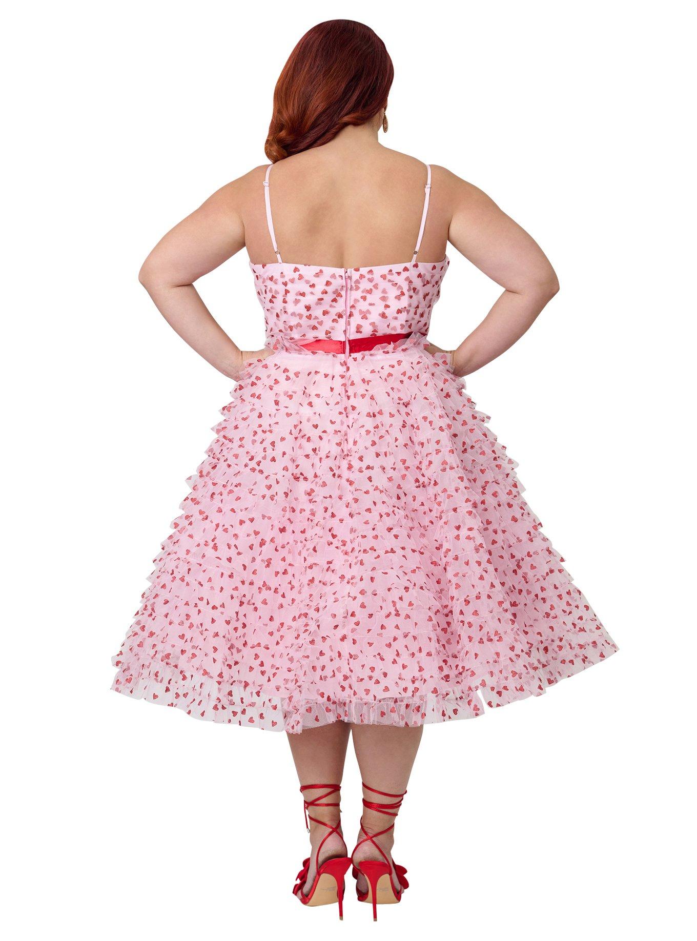 Unique Vintage Plus Size Pink & Red Glitter Heart Tulle Cupcake Swing Dress, , hi-res