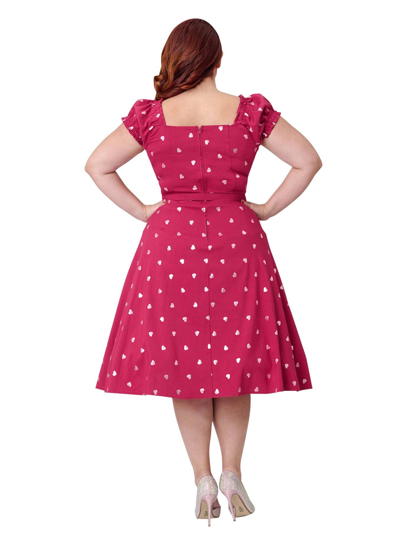 Unique Vintage Plus Size Pink Heart Ohara Swing Dress, , hi-res