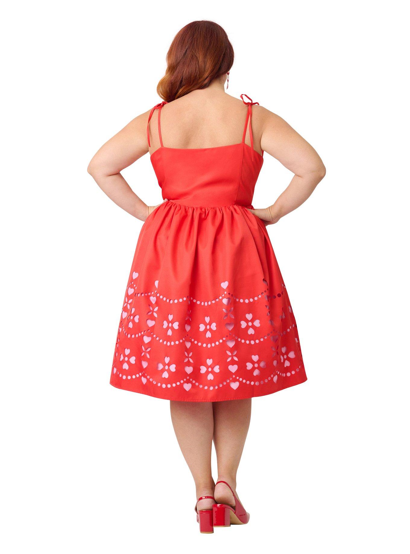 Unique Vintage Plus Size Red & Pink Hearts Cutout Swing Dress, , hi-res