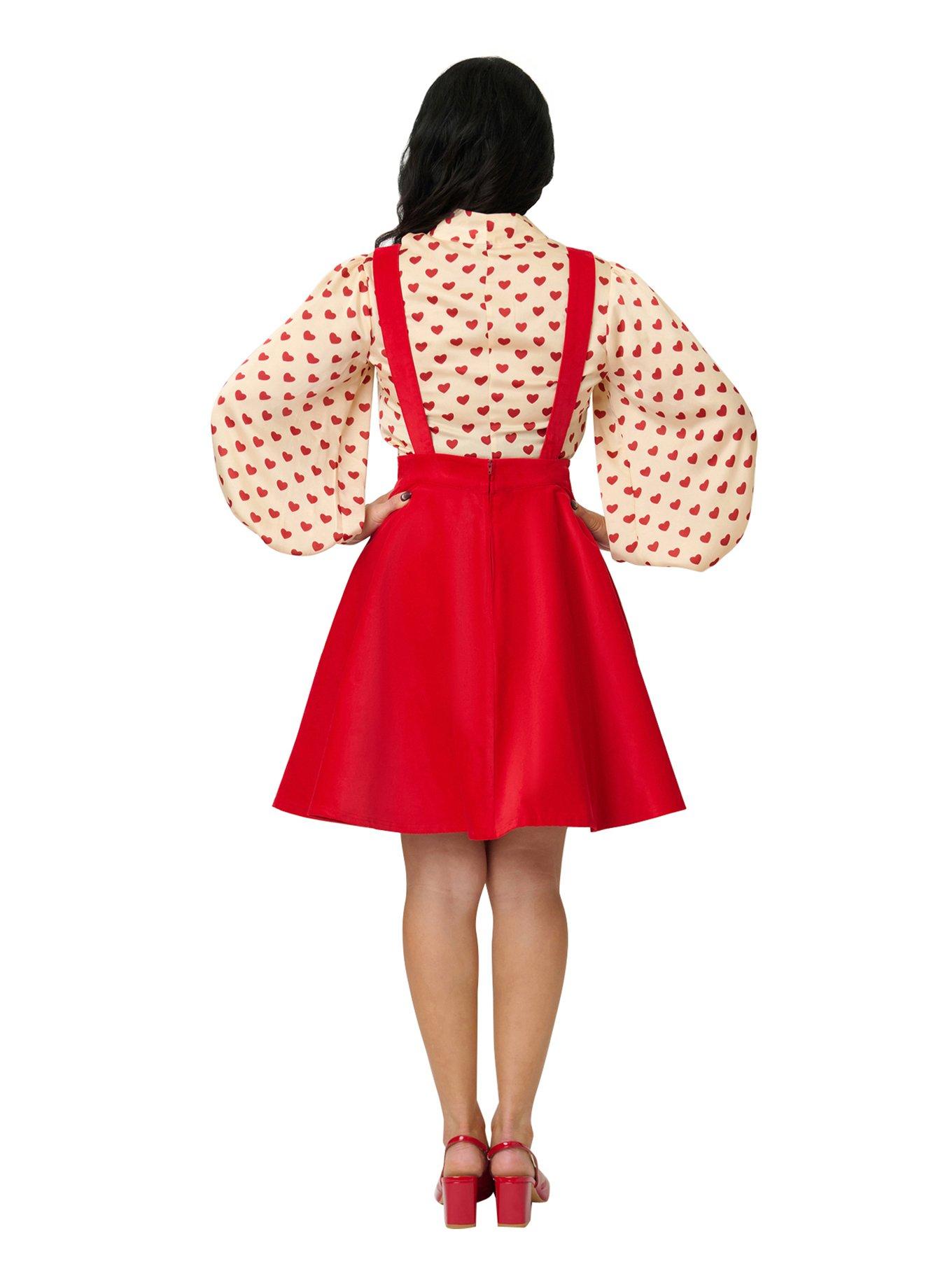 Unique Vintage Red Heart Bib Pinafore Skirt, , hi-res