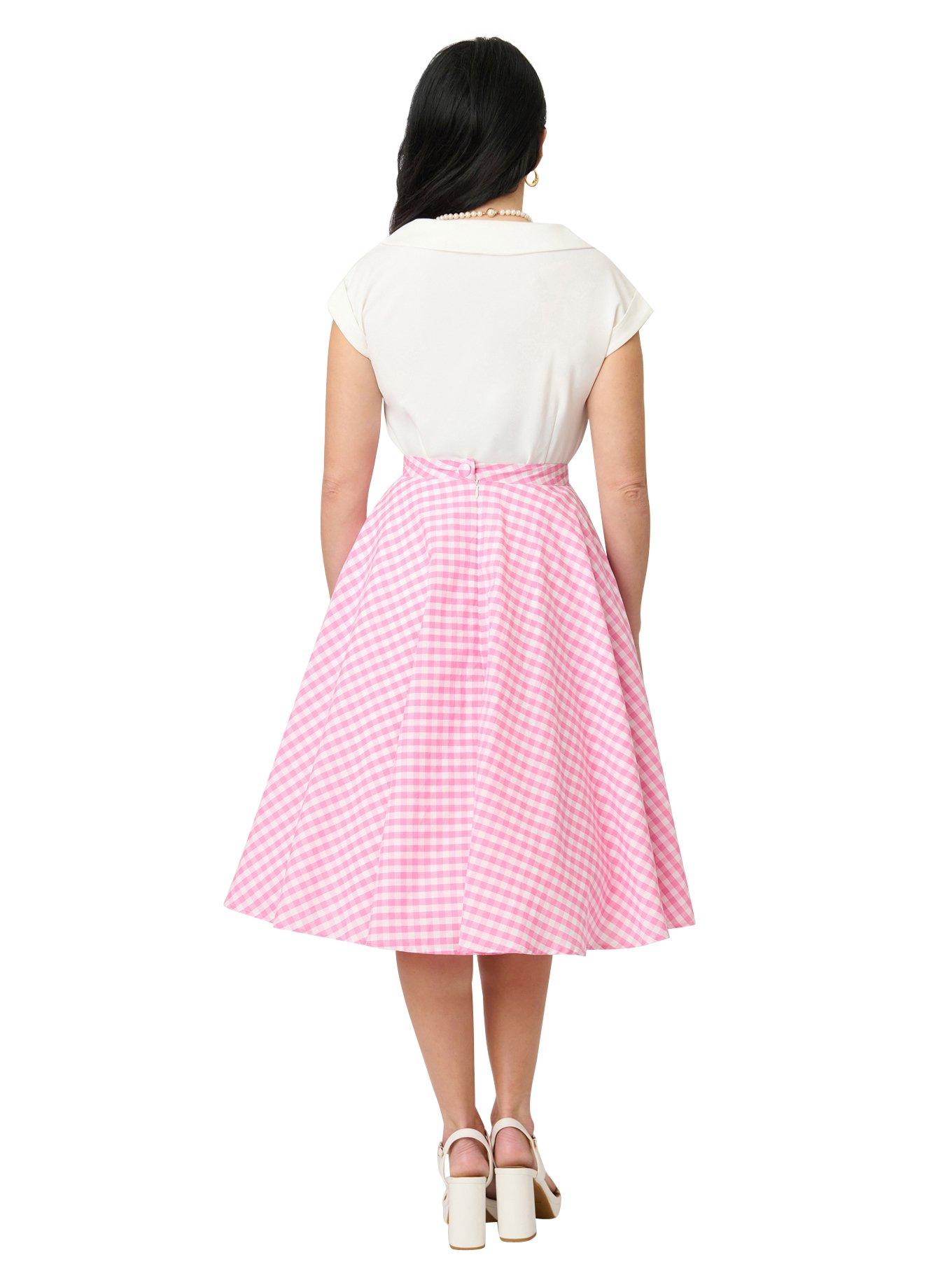 Unique Vintage Pink Gingham Sally Swing Skirt, , hi-res