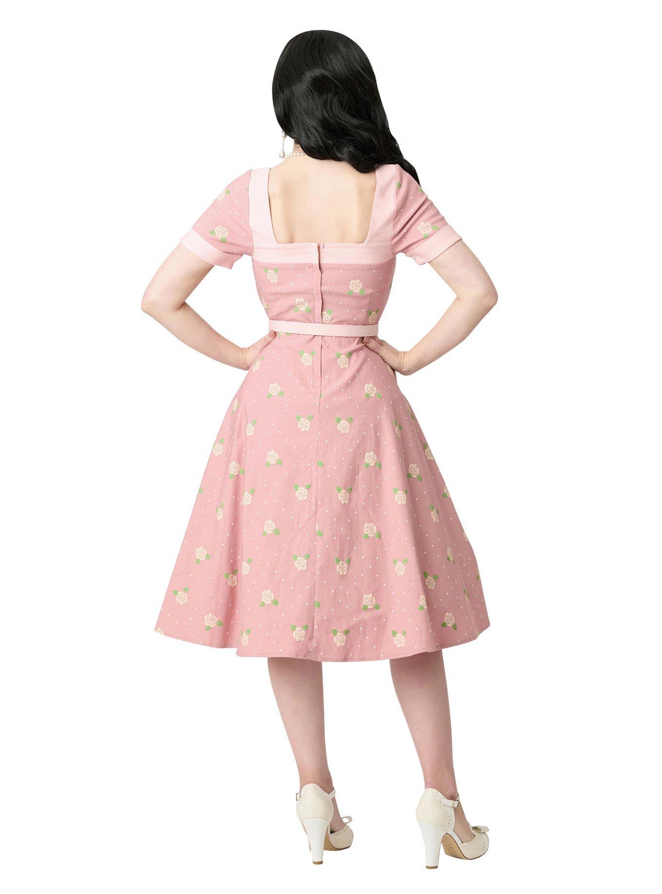 Unique Vintage Light Pink & Roses Swing Dress, , hi-res