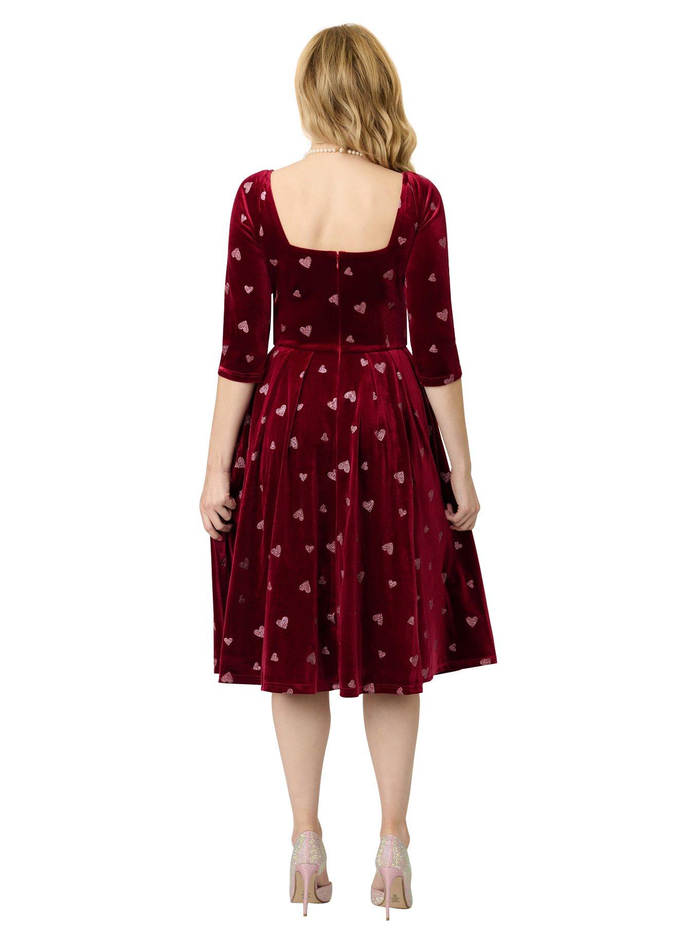 Unique Vintage Red & Pink Glitter Heart Velvet Lamar Swing Dress, , hi-res