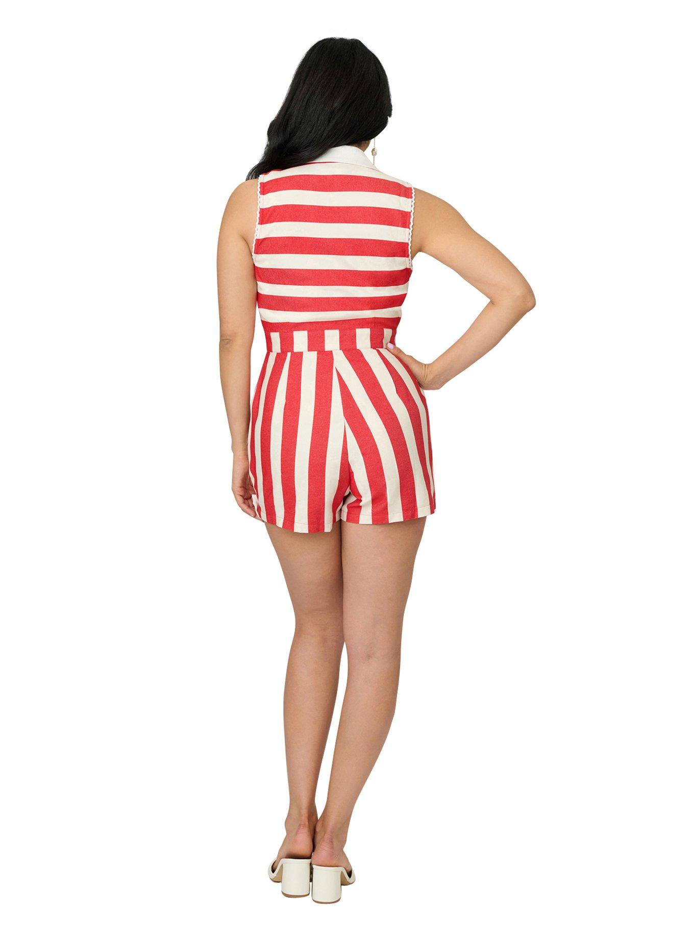 Unique Vintage Red & Ivory Striped Shelby Romper, , hi-res