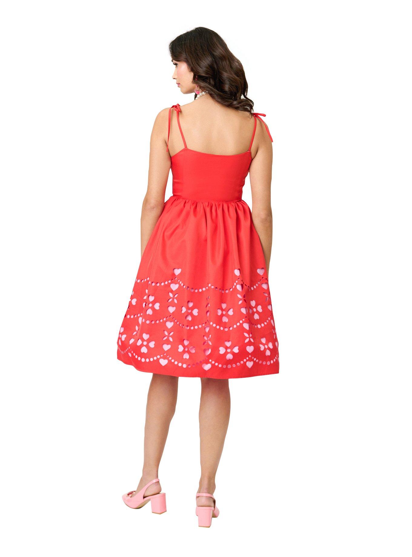 Unique Vintage Red & Pink Hearts Cutout Swing Dress, , hi-res